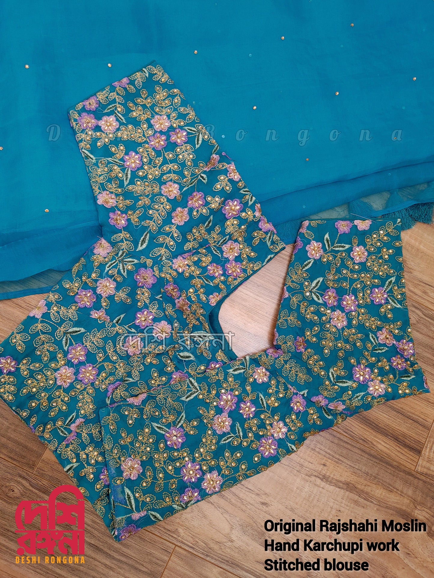 Original Moslin Handmade Karchupri work Saree, Beautiful Teal color, Bangladeshi Pure Sopura Muslin Saree, Super Soft and Light Weight