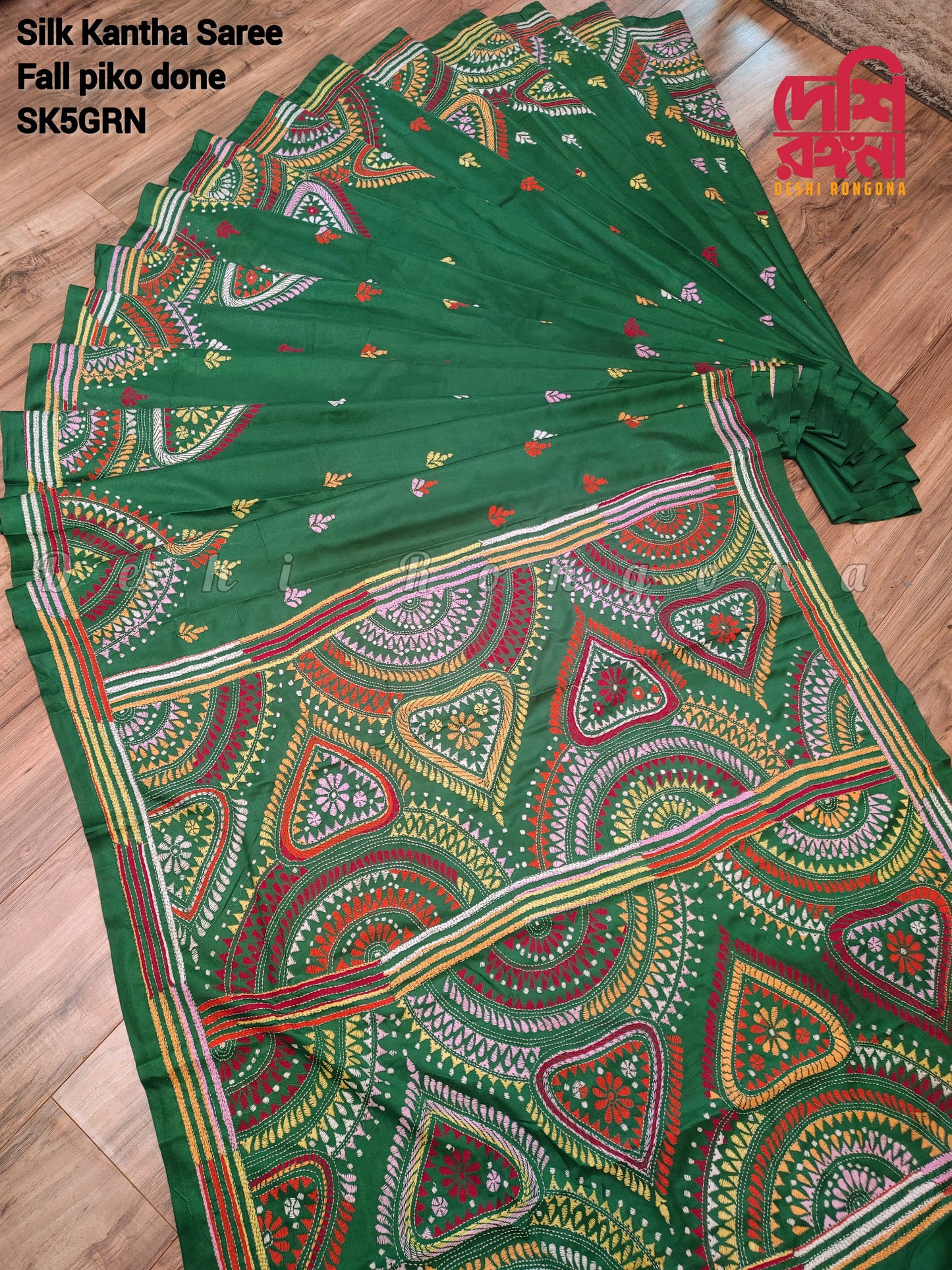 Extraordinary Hand Stiched Kantha Saree, Green Bangalore Silk with Multi color Kantha Works, Fall piko done, Blouse PC, Elegant,Classy Saree
