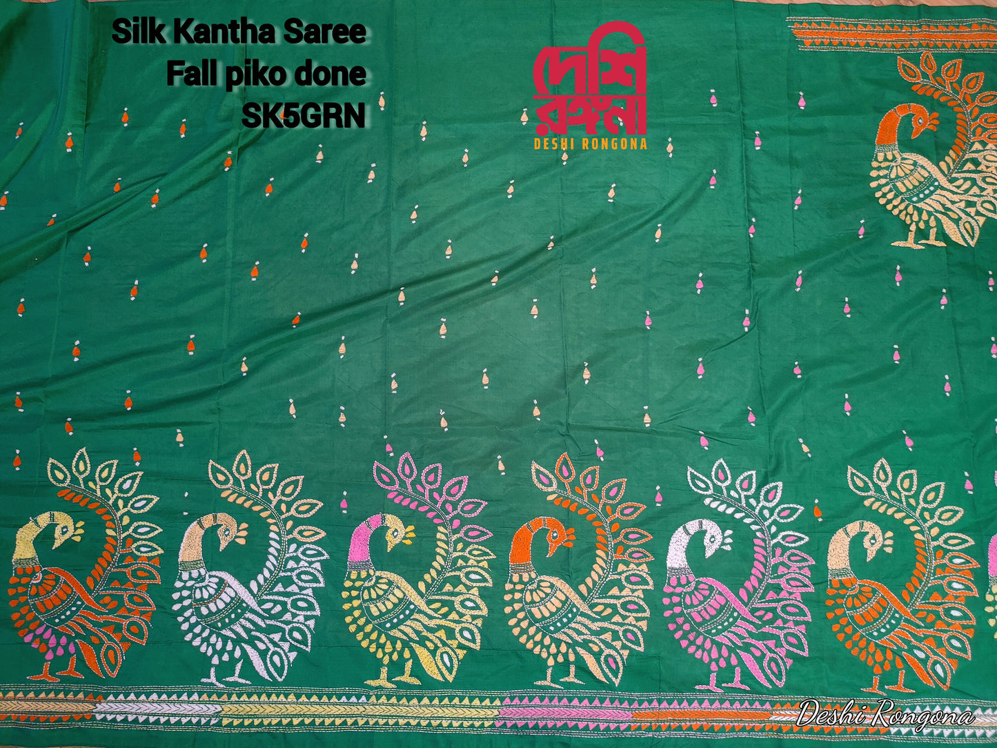 Extraordinary Hand Stiched Silk Kantha Saree, Green Pure Bangalore Silk, Multi Color Works allover, Fall/piko done, Elegant, Classy Saree