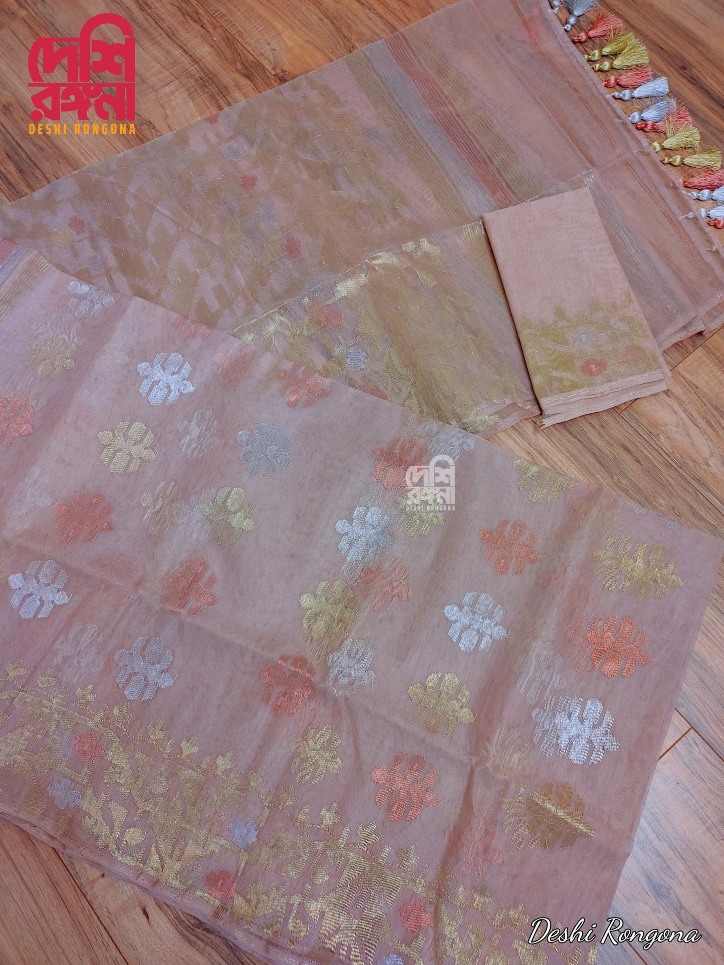 Handwoven Dhakai Jamdani Saree – Light Mauve Halfsilk with Zari