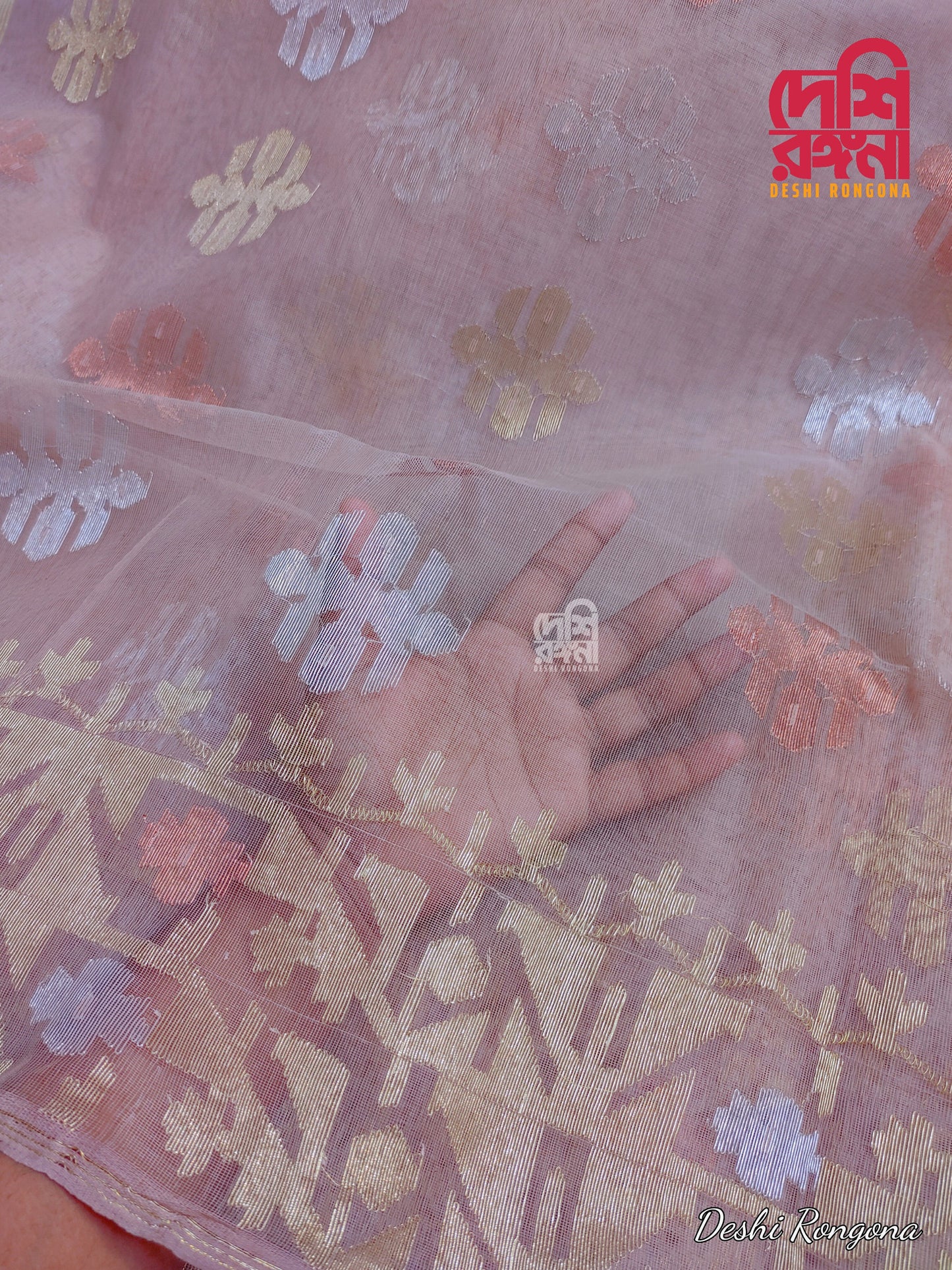 Handwoven Dhakai Jamdani Saree – Light Mauve Halfsilk with Zari