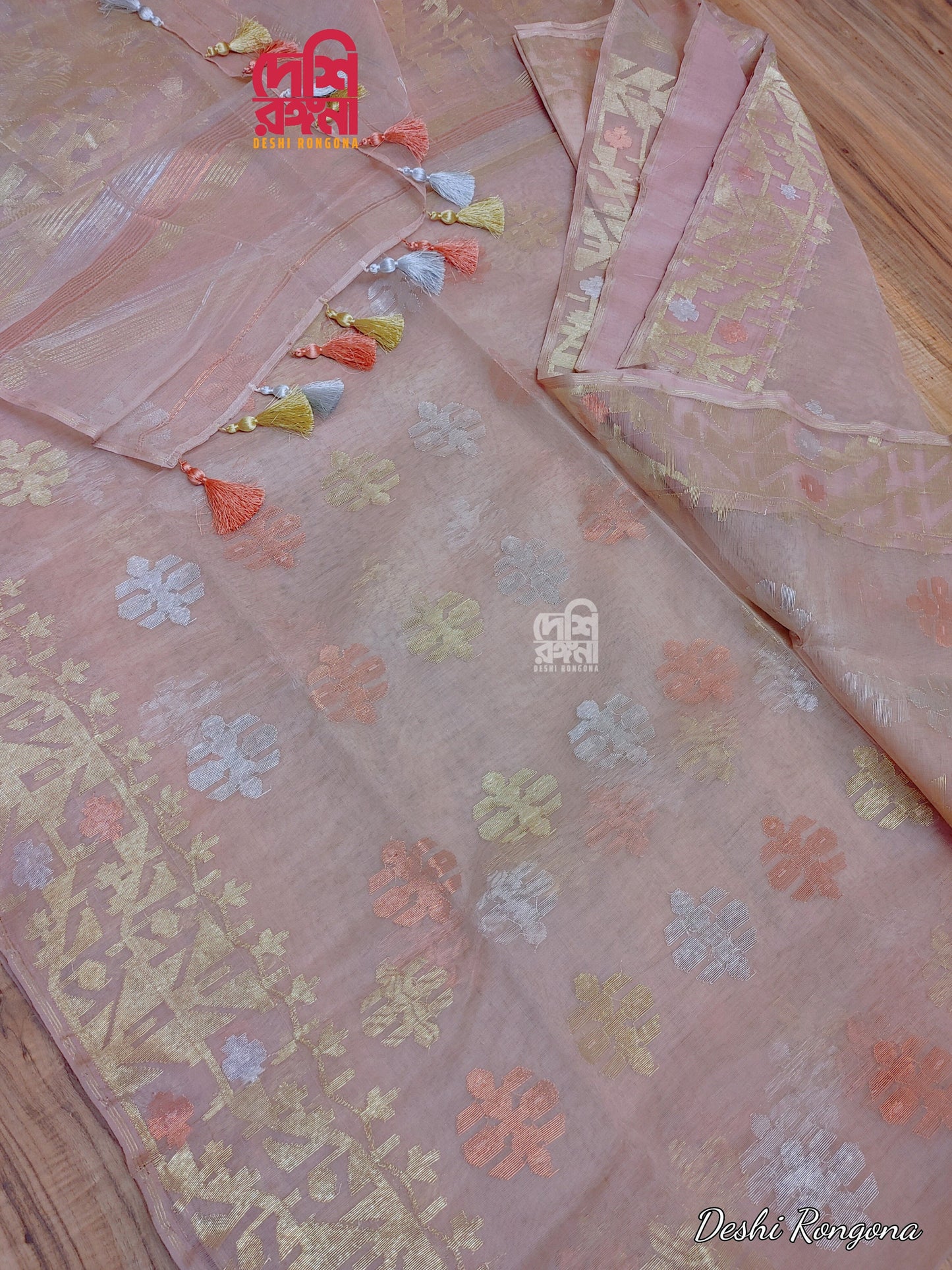 Handwoven Dhakai Jamdani Saree – Light Mauve Halfsilk with Zari