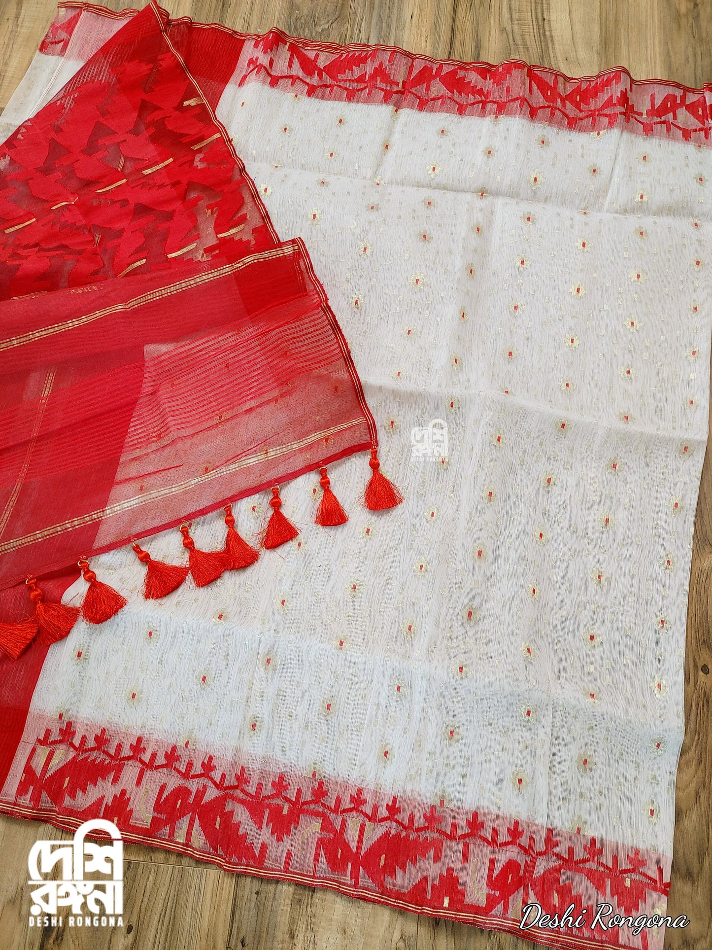 Original Dhakai Jamdani Saree, White Red Contrast, Bangladeshi, Handloom HalfSilk Jamdani 100 count thread,Traditional,Elegant, Classy Saree
