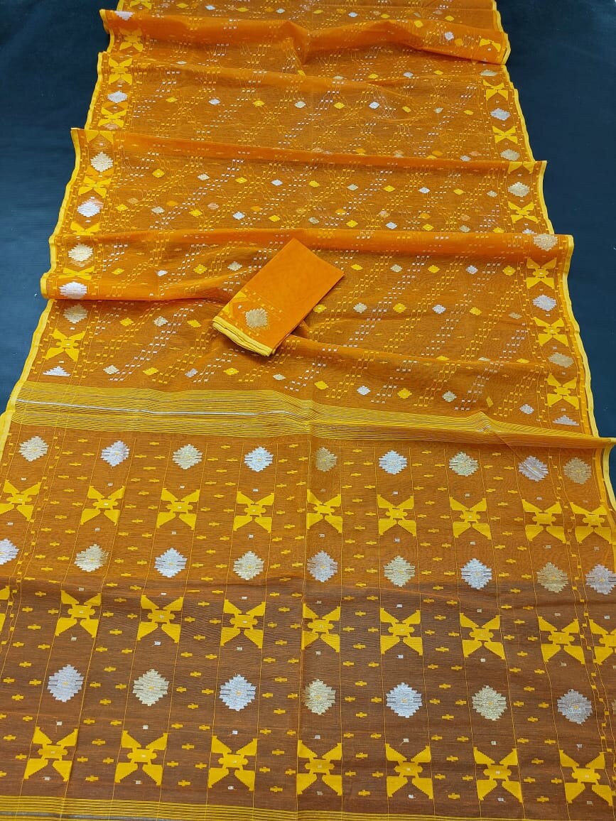 Elegant Orange Dhakai Jamdani Saree - Handloom Classic