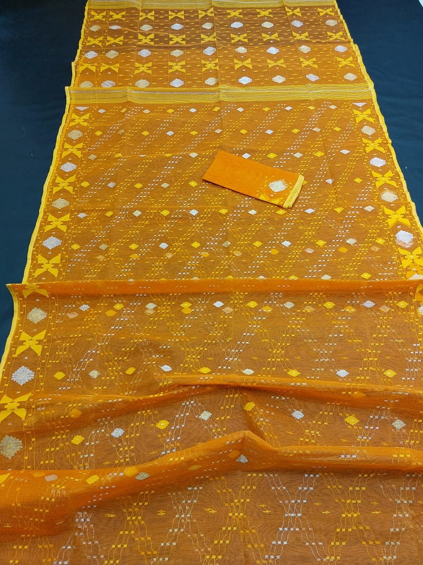 Elegant Orange Dhakai Jamdani Saree - Handloom Classic