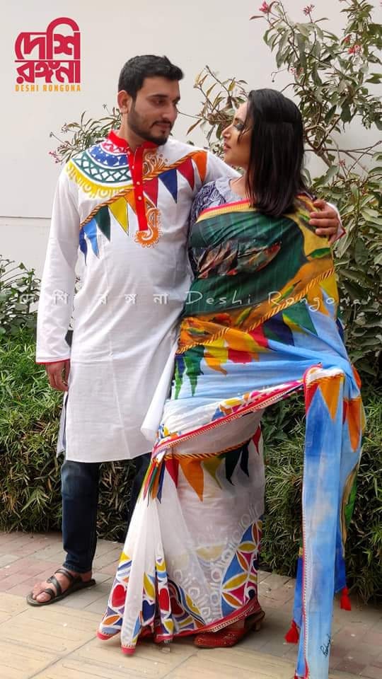 Pahela Baishakh, Handpainted Art, Soft Classy Saree, painted with water color, Halfsilk, Machine Washable, Piku Tassle done