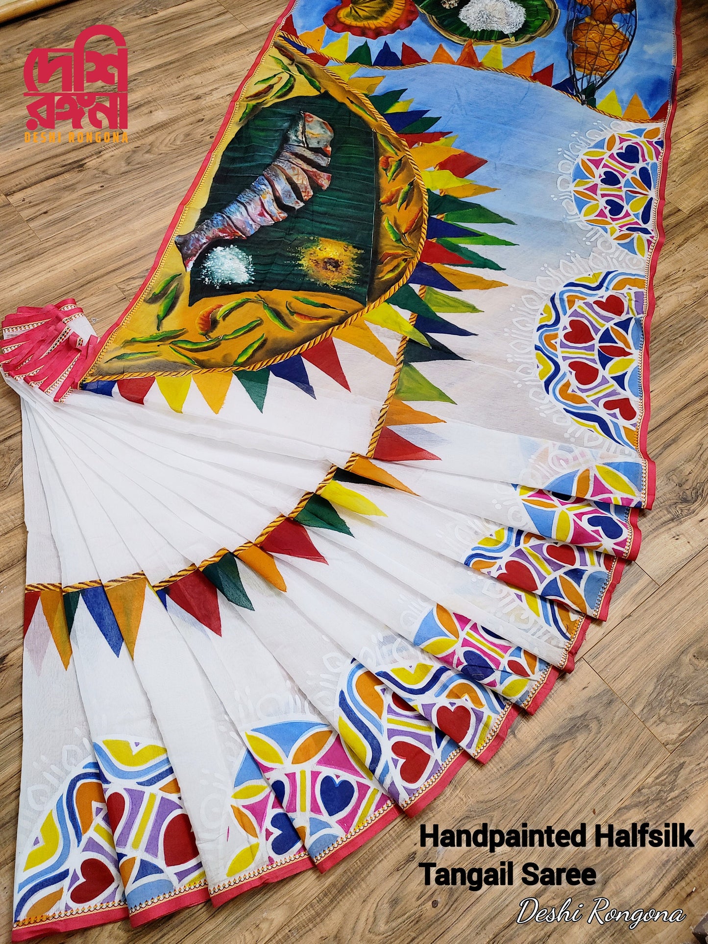 Pahela Baishakh, Handpainted Art, Soft Classy Saree, painted with water color, Halfsilk, Machine Washable, Piku Tassle done