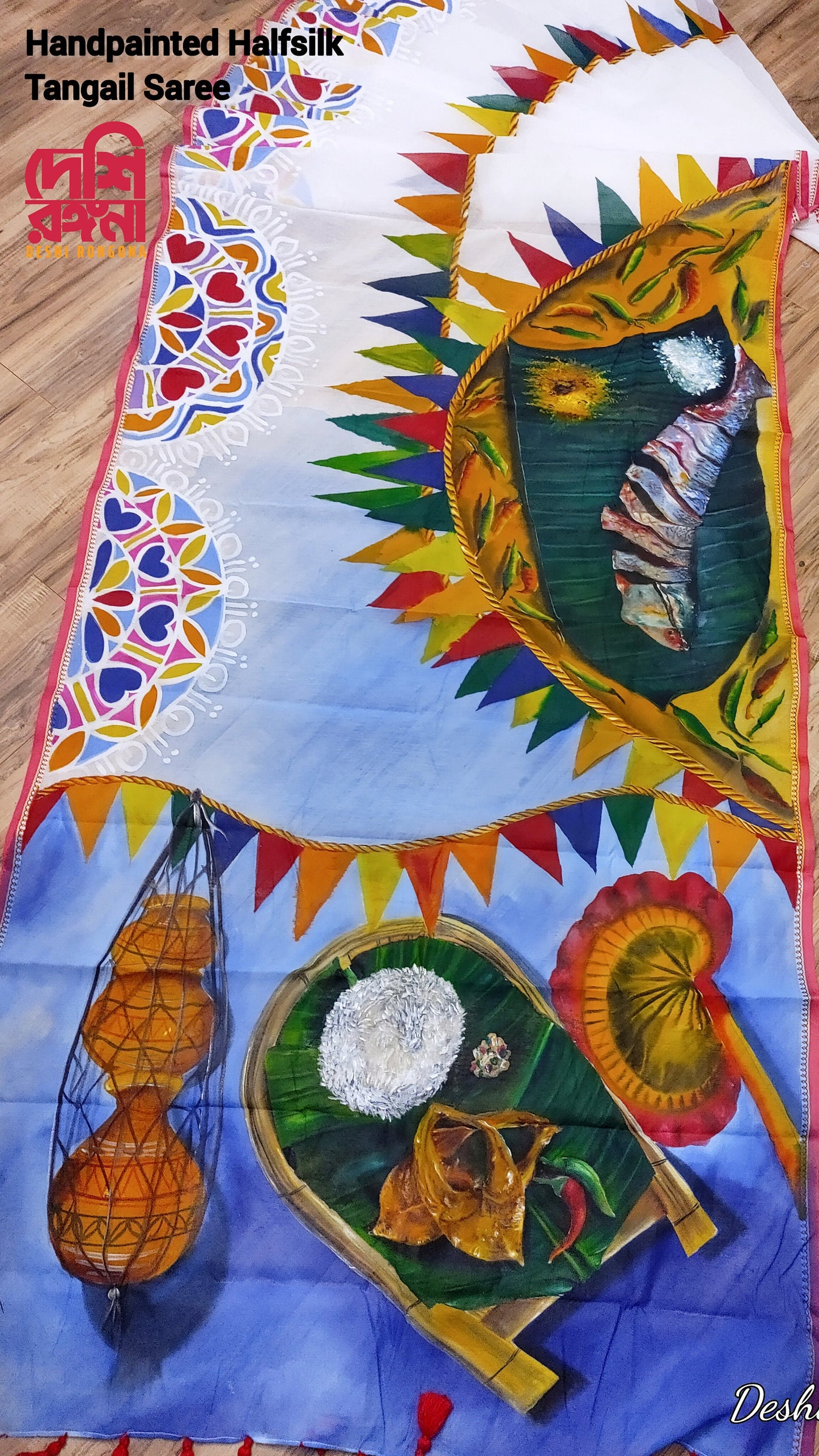 Pahela Baishakh, Handpainted Art, Soft Classy Saree, painted with water color, Halfsilk, Machine Washable, Piku Tassle done