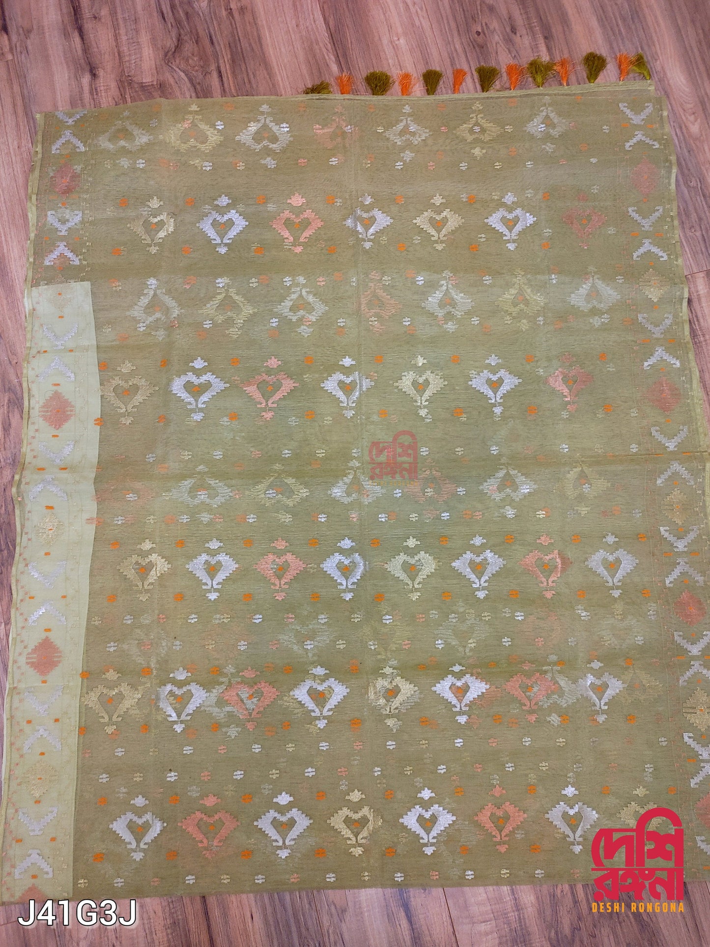 Original Dhakai Jamdani Saree, Olive Color, Handwoven Halfsilk 84 count, Traditional, Elegant, Classy Party Saree, Fall Piko Tassle done