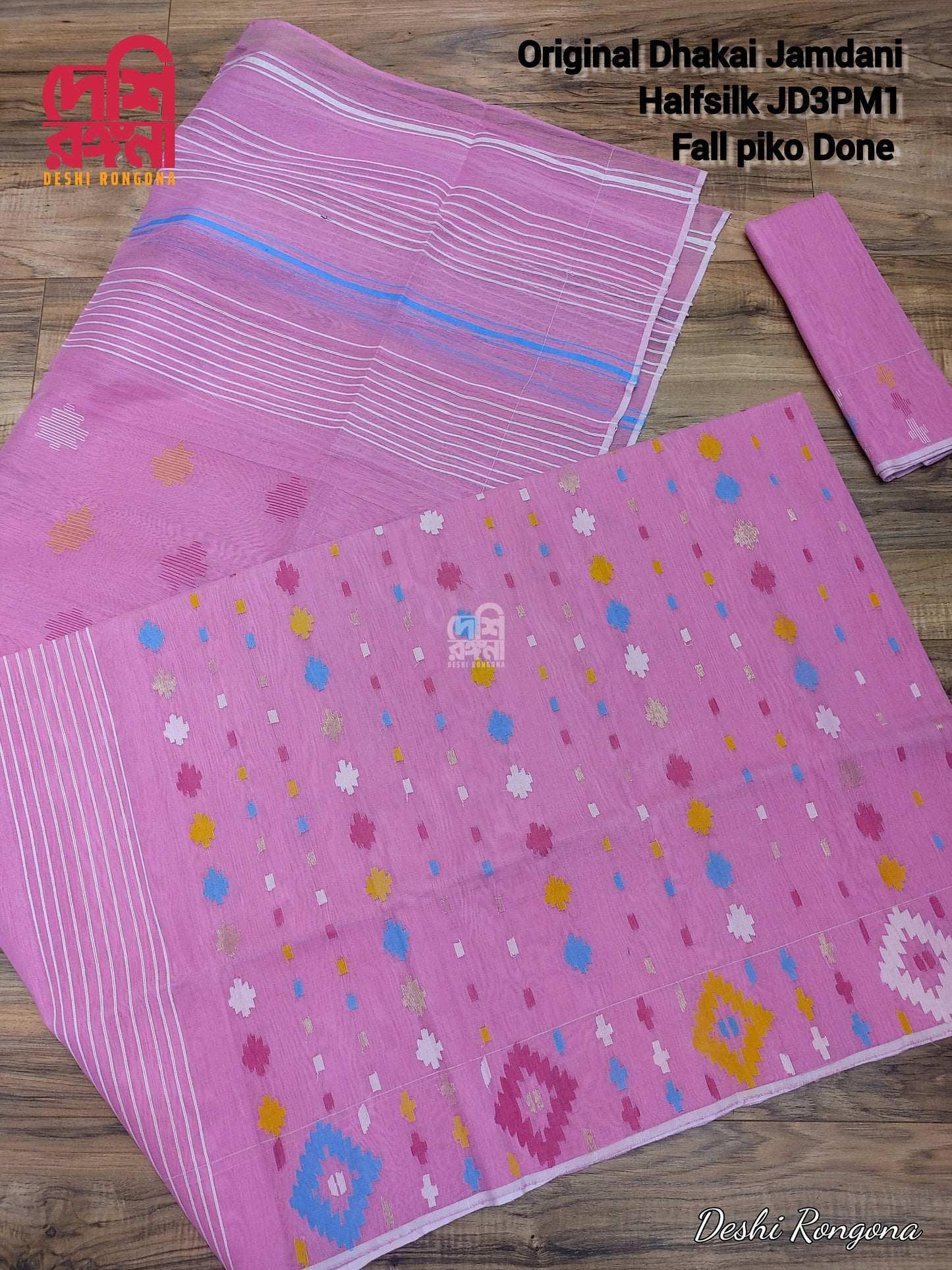 Original Dhakai Jamdani Pink Saree, HalfSilk, Multi Color thread Work, Beautiful Saree Made in Bangladesh, Fall piko Done, Ready to Ship