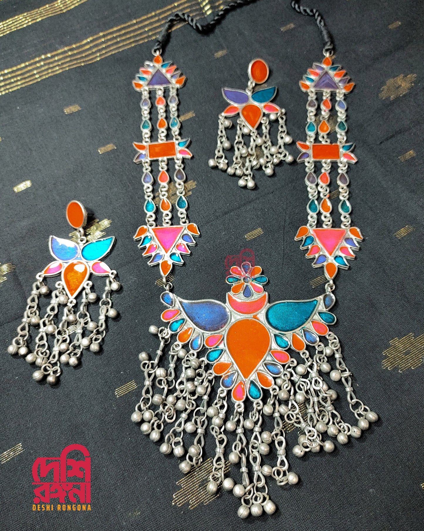 Silver Oxidised Jewelry, Antique Silver Plated, Multi color, Necklace, Earrings,Indian Bollywood Jewelry,Fashion Set, Afgan/Bohemian Jewelry