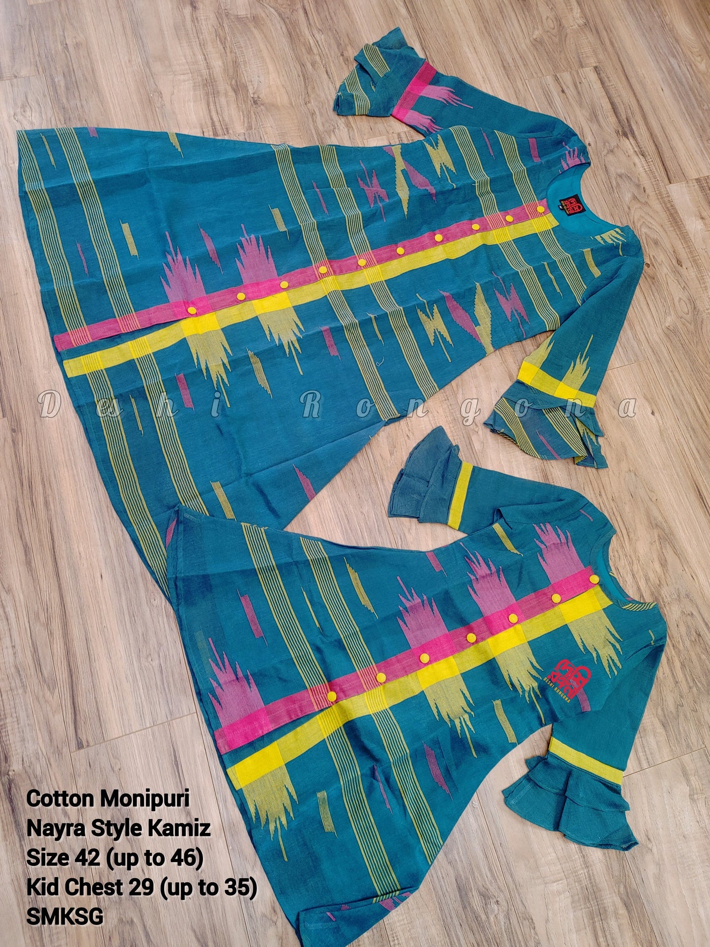 Handwoven Monipuri Kamiz, Mother Daughter matching, Sea Greeen with Pink and Yellow border Contrast. Pure Cotton Attached Inner, Summer Wear