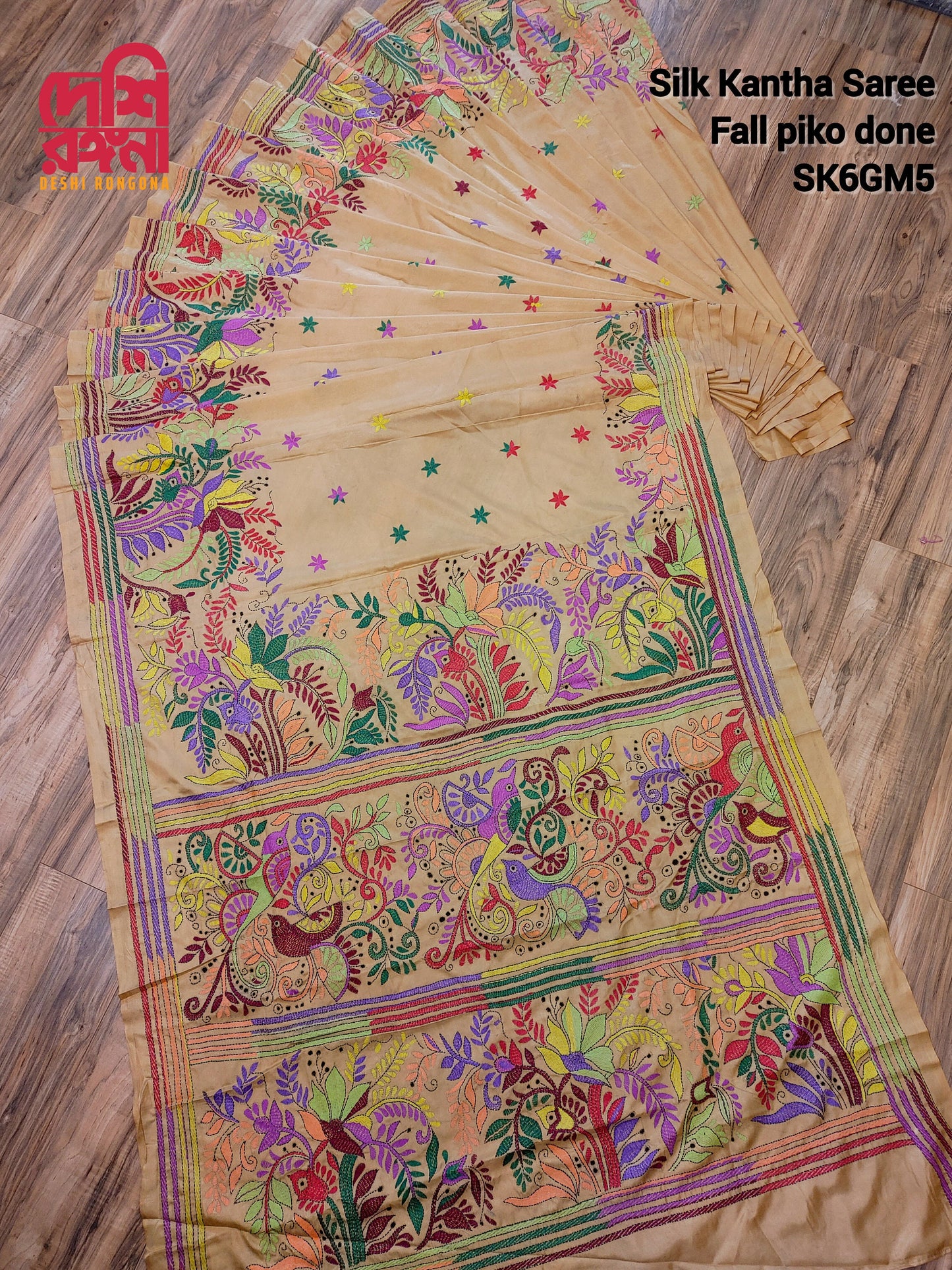 Extraordinary Hand Stiched Kantha Saree, Golden Bangalore Silk with Multi color Kantha Works, Fall piko done, Elegant, Classy Party Saree