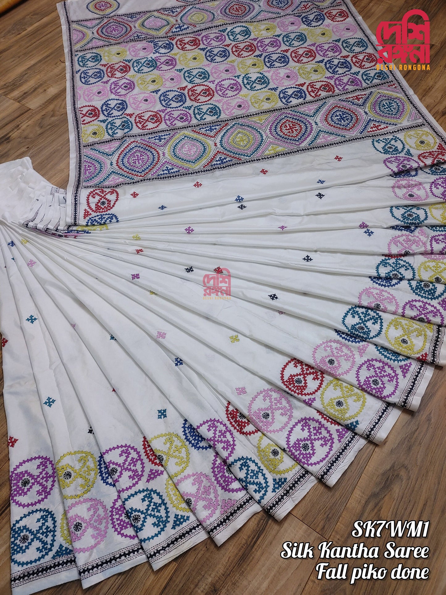 Extraordinary Hand Stiched Kantha Saree, White Pure Bangalore Silk, Multi Gujrati Kantha Works allover, Fall/piko done,Elegant, Classy Saree