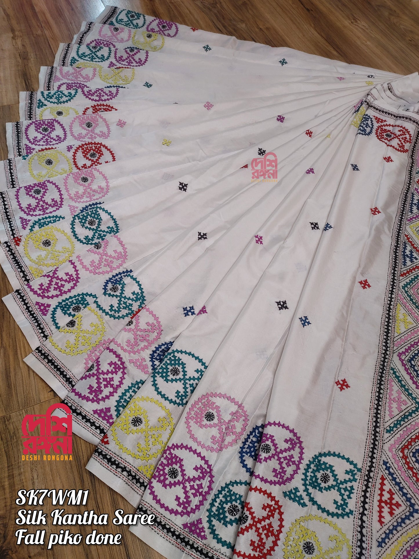 Extraordinary Hand Stiched Kantha Saree, White Pure Bangalore Silk, Multi Gujrati Kantha Works allover, Fall/piko done,Elegant, Classy Saree