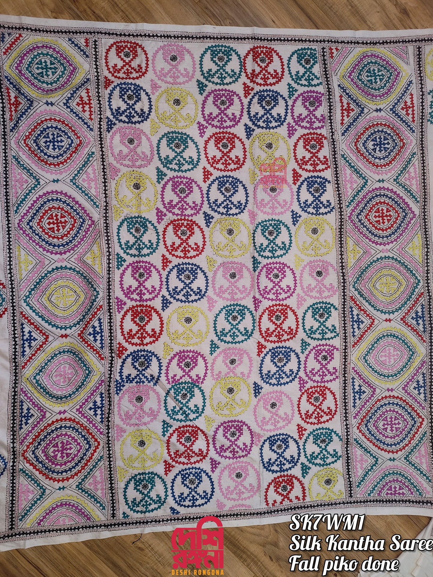 Extraordinary Hand Stiched Kantha Saree, White Pure Bangalore Silk, Multi Gujrati Kantha Works allover, Fall/piko done,Elegant, Classy Saree