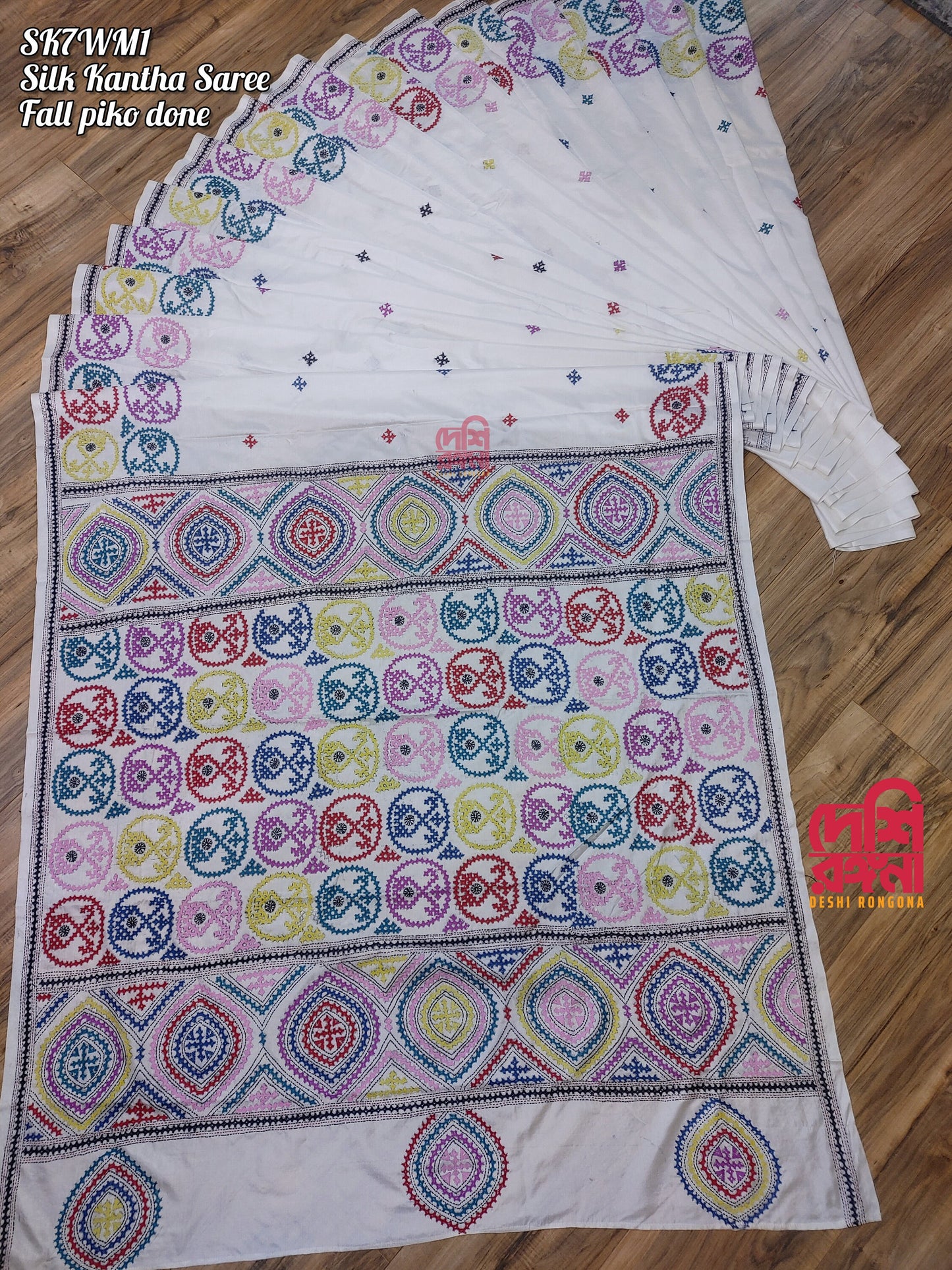 Extraordinary Hand Stiched Kantha Saree, White Pure Bangalore Silk, Multi Gujrati Kantha Works allover, Fall/piko done,Elegant, Classy Saree