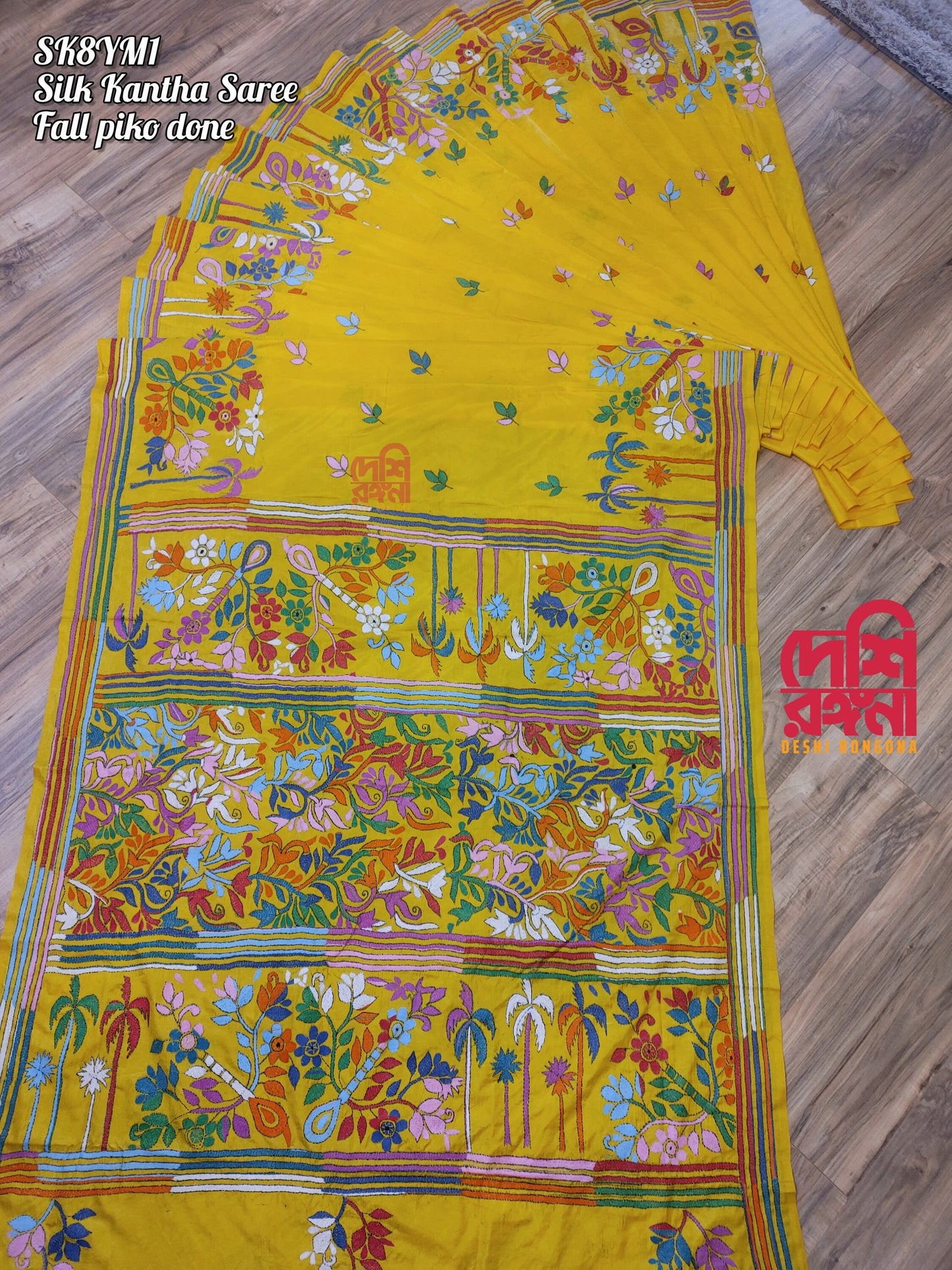 Extraordinary Hand Stiched Kantha Saree, Yellow Bangalore Silk with Multi Kantha Works Allover, running blouse piece, Elegant, Classy Saree