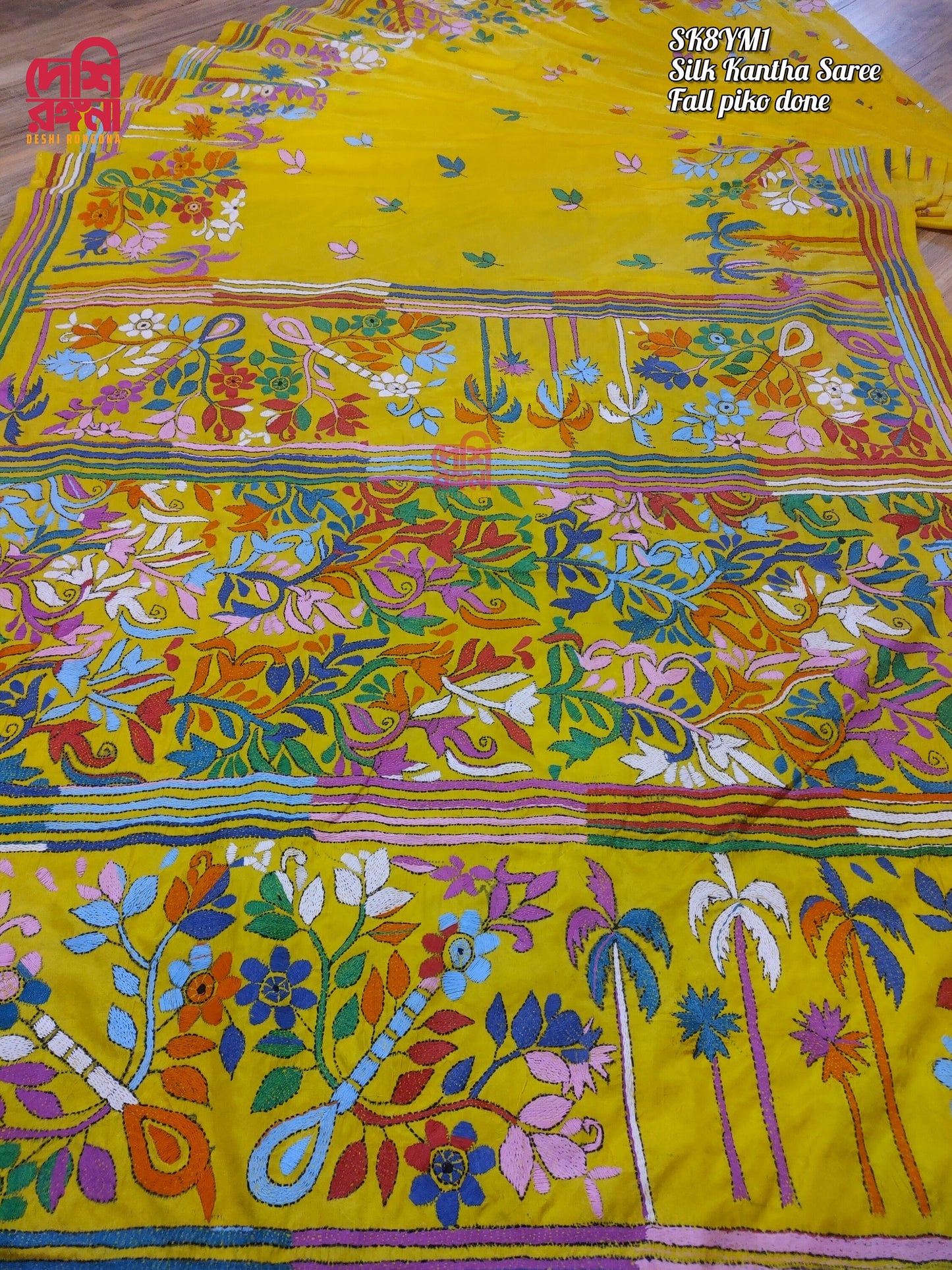 Extraordinary Hand Stiched Kantha Saree, Yellow Bangalore Silk with Multi Kantha Works Allover, running blouse piece, Elegant, Classy Saree