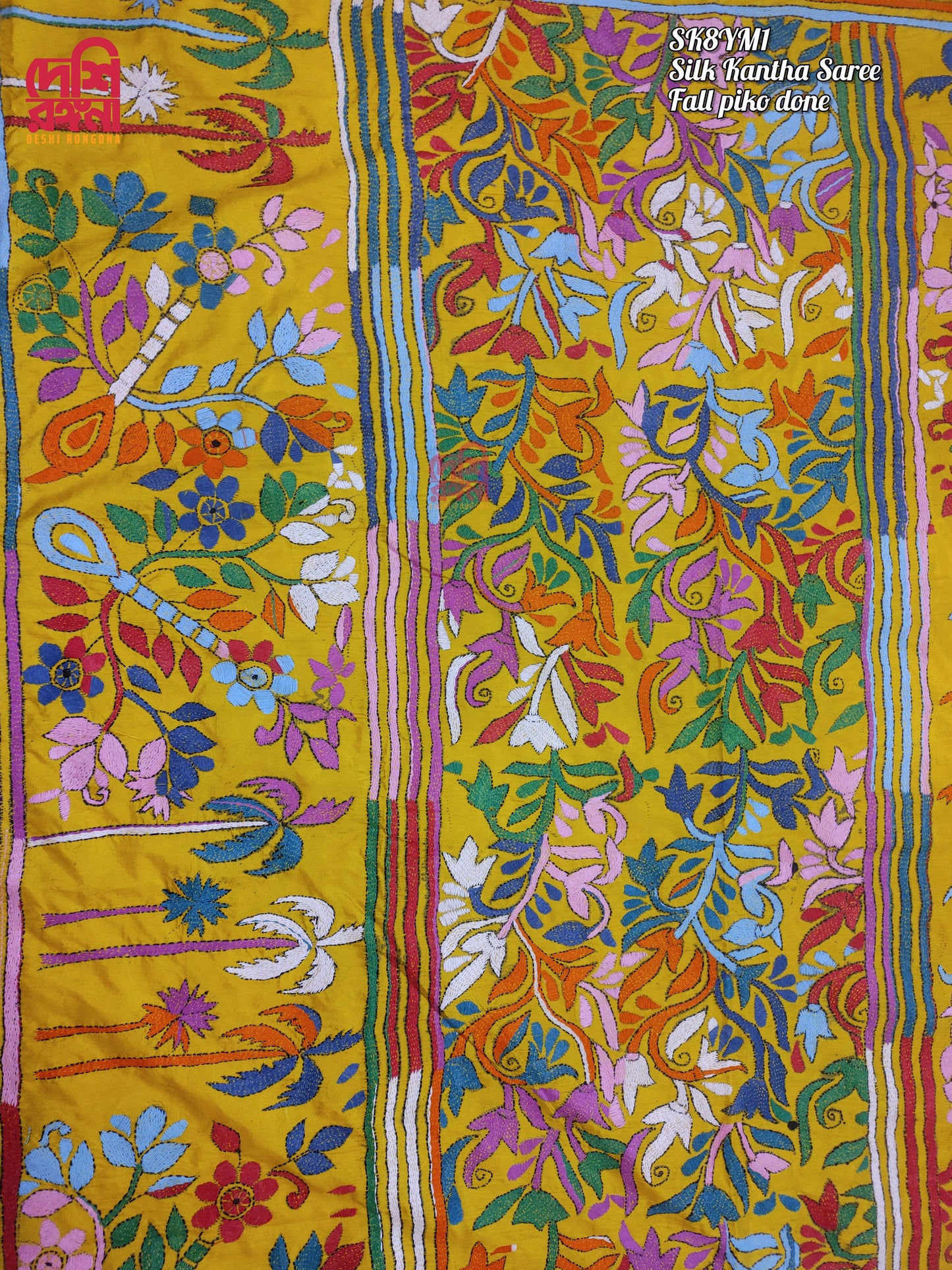 Extraordinary Hand Stiched Kantha Saree, Yellow Bangalore Silk with Multi Kantha Works Allover, running blouse piece, Elegant, Classy Saree