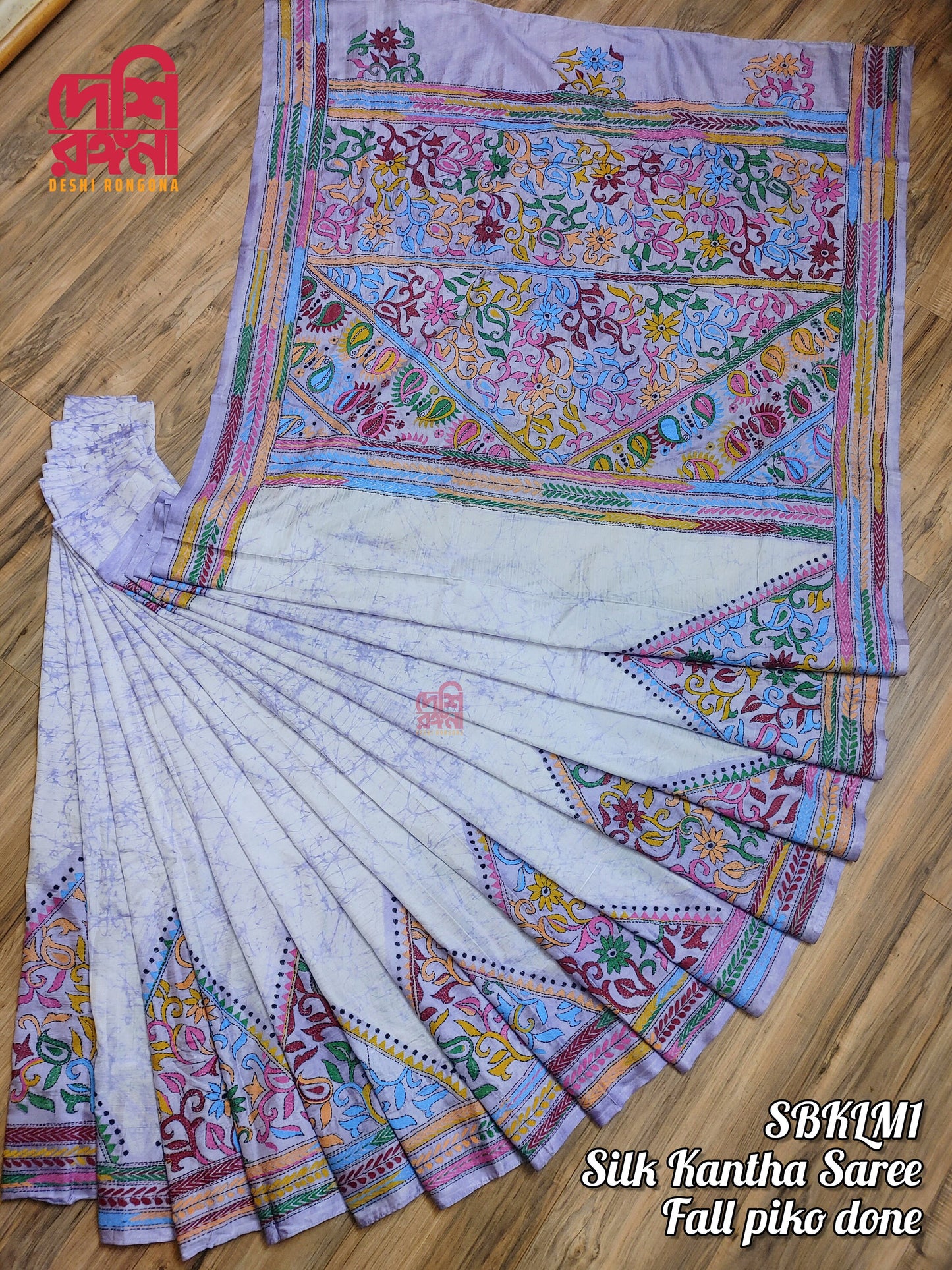 Batik Kantha Saree, Extraordinary Hand Stiched, light Purple Bangalore Silk with Multi thread Work, Fall piko done, Elegant and Classy Saree