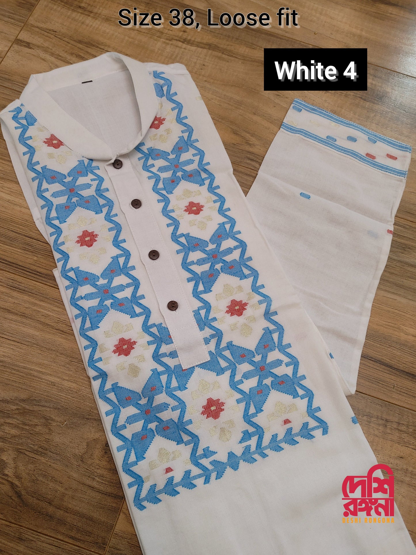Original Dhakai Jamdani Men Punjabi, Pure Cotton, Size 38, White, Handwoven, Comfortable, Elegant, Made in Dhaka, Bangladesh Loose Fitting