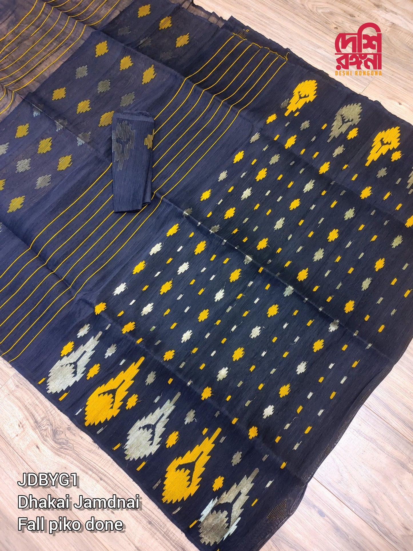 Original Dhakai Jamdani Saree, Black with Yellow-Jari work, Made in Bangladesh, Halfsilk,Handloom 40 count thread,Traditional,Classy Saree
