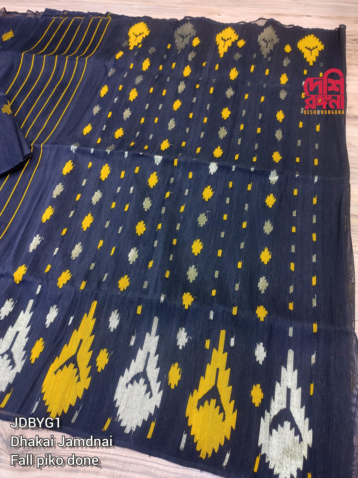 Original Dhakai Jamdani Saree, Black with Yellow-Jari work, Made in Bangladesh, Halfsilk,Handloom 40 count thread,Traditional,Classy Saree