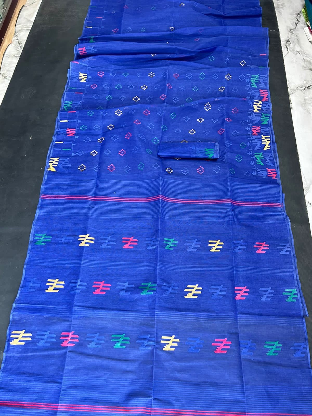 Original Dhakai Jamdani Saree, Beautiful Royal Blue color, Handwoven 64 count, Traditional, Elegant,.Classy Saree, Fall piko Tassle done