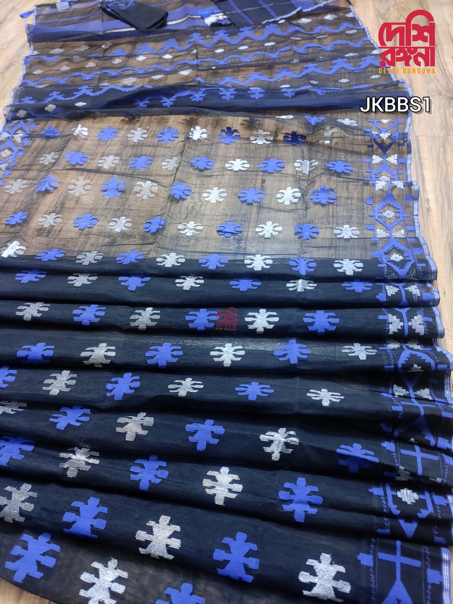 Original Dhakai Jamdani Saree, Handwoven Black, blue, white contrast, 64 count, Halfsilk, Traditional, Classy Saree, Fall piko Tassle done