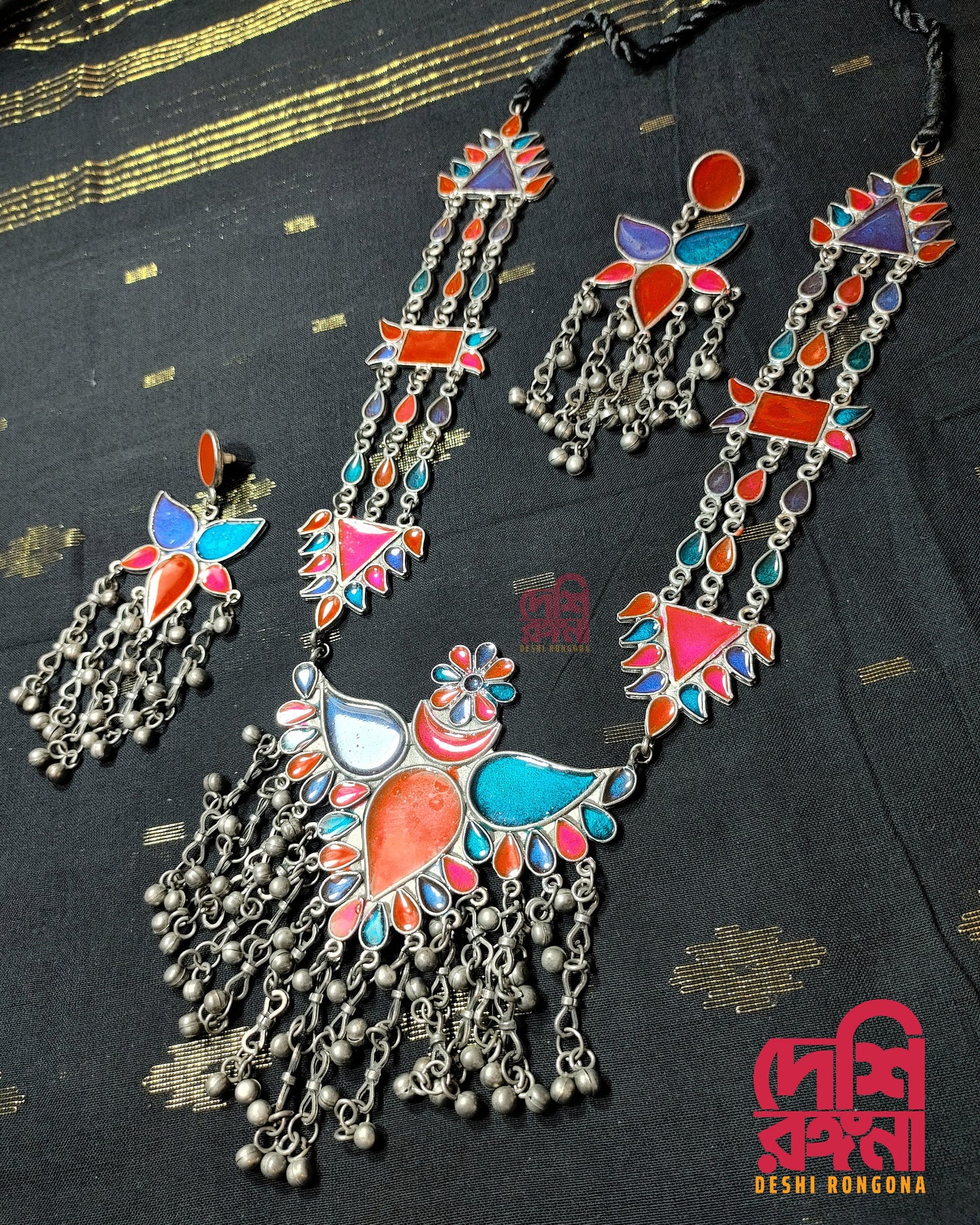 Silver Oxidised Jewelry, Antique Silver Plated, Multi color, Necklace, Earrings,Indian Bollywood Jewelry,Fashion Set, Afgan/Bohemian Jewelry