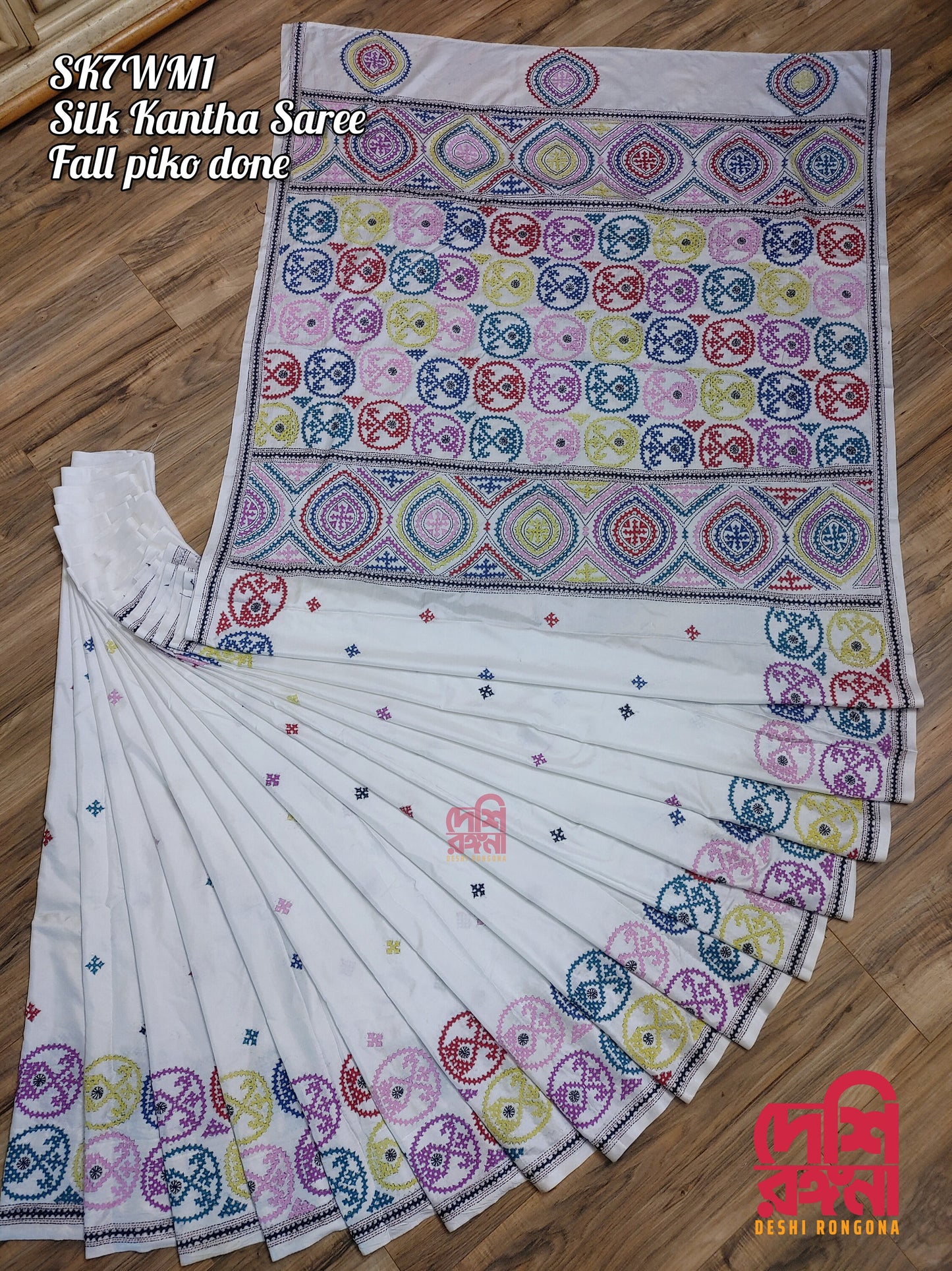 Extraordinary Hand Stiched Kantha Saree, White Pure Bangalore Silk, Multi Gujrati Kantha Works allover, Fall/piko done,Elegant, Classy Saree