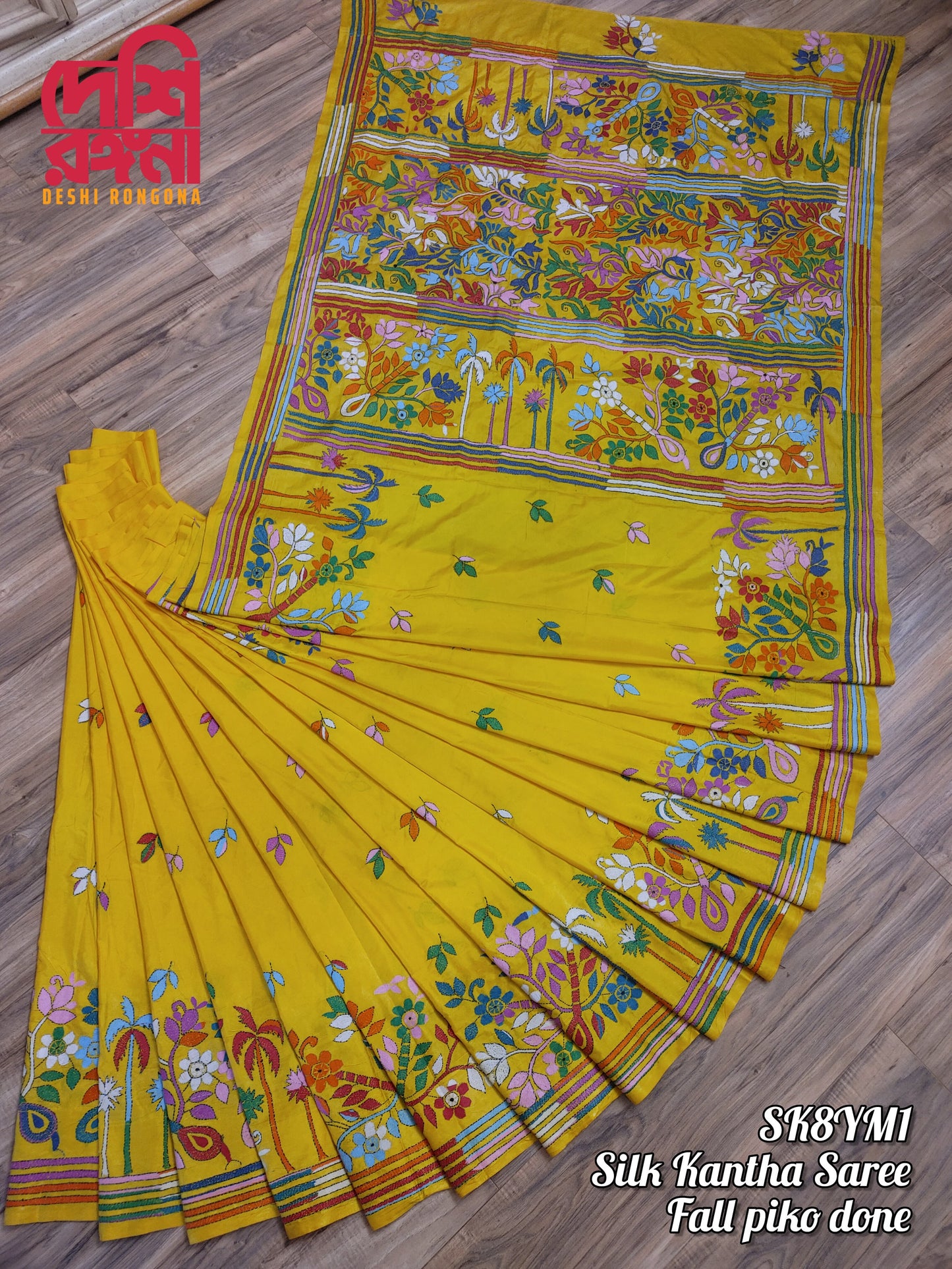Extraordinary Hand Stiched Kantha Saree, Yellow Bangalore Silk with Multi Kantha Works Allover, running blouse piece, Elegant, Classy Saree