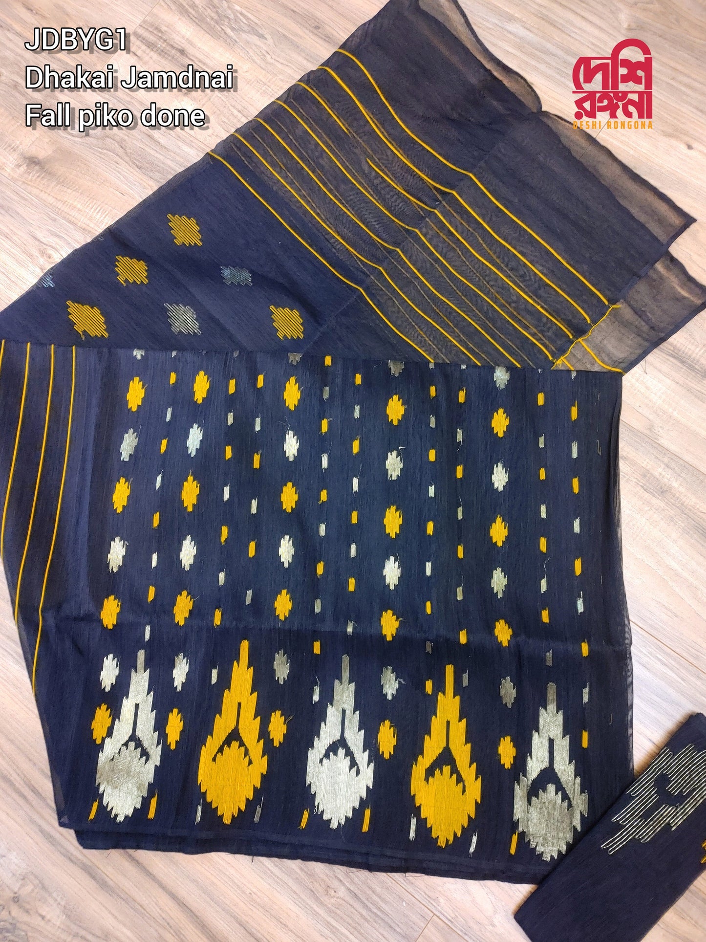 Original Dhakai Jamdani Saree, Black with Yellow-Jari work, Made in Bangladesh, Halfsilk,Handloom 40 count thread,Traditional,Classy Saree