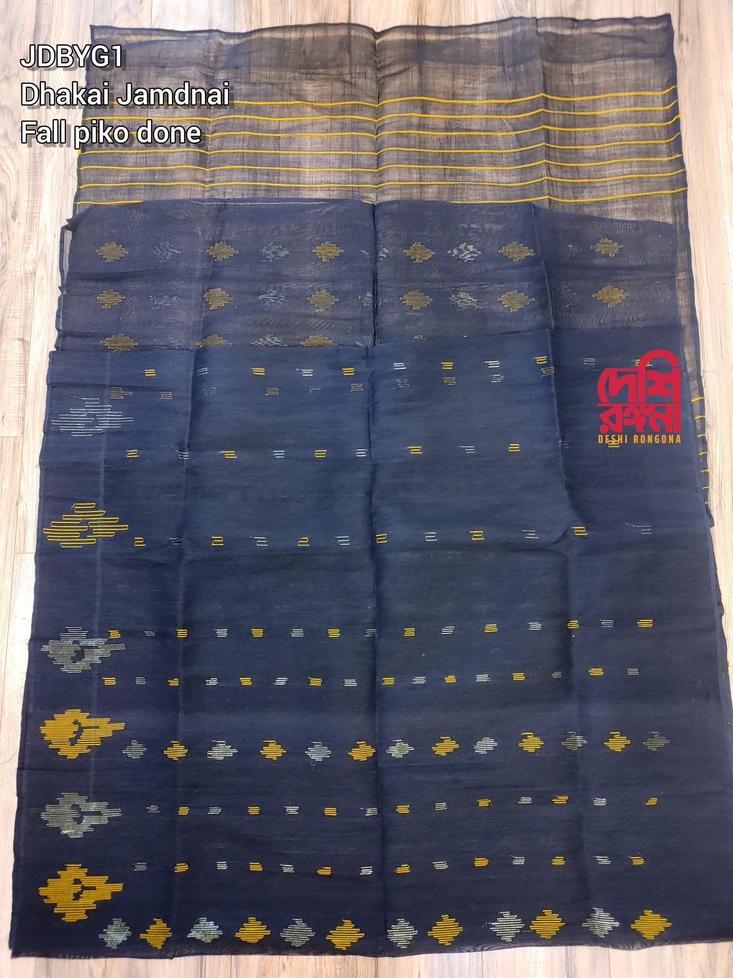 Original Dhakai Jamdani Saree, Black with Yellow-Jari work, Made in Bangladesh, Halfsilk,Handloom 40 count thread,Traditional,Classy Saree