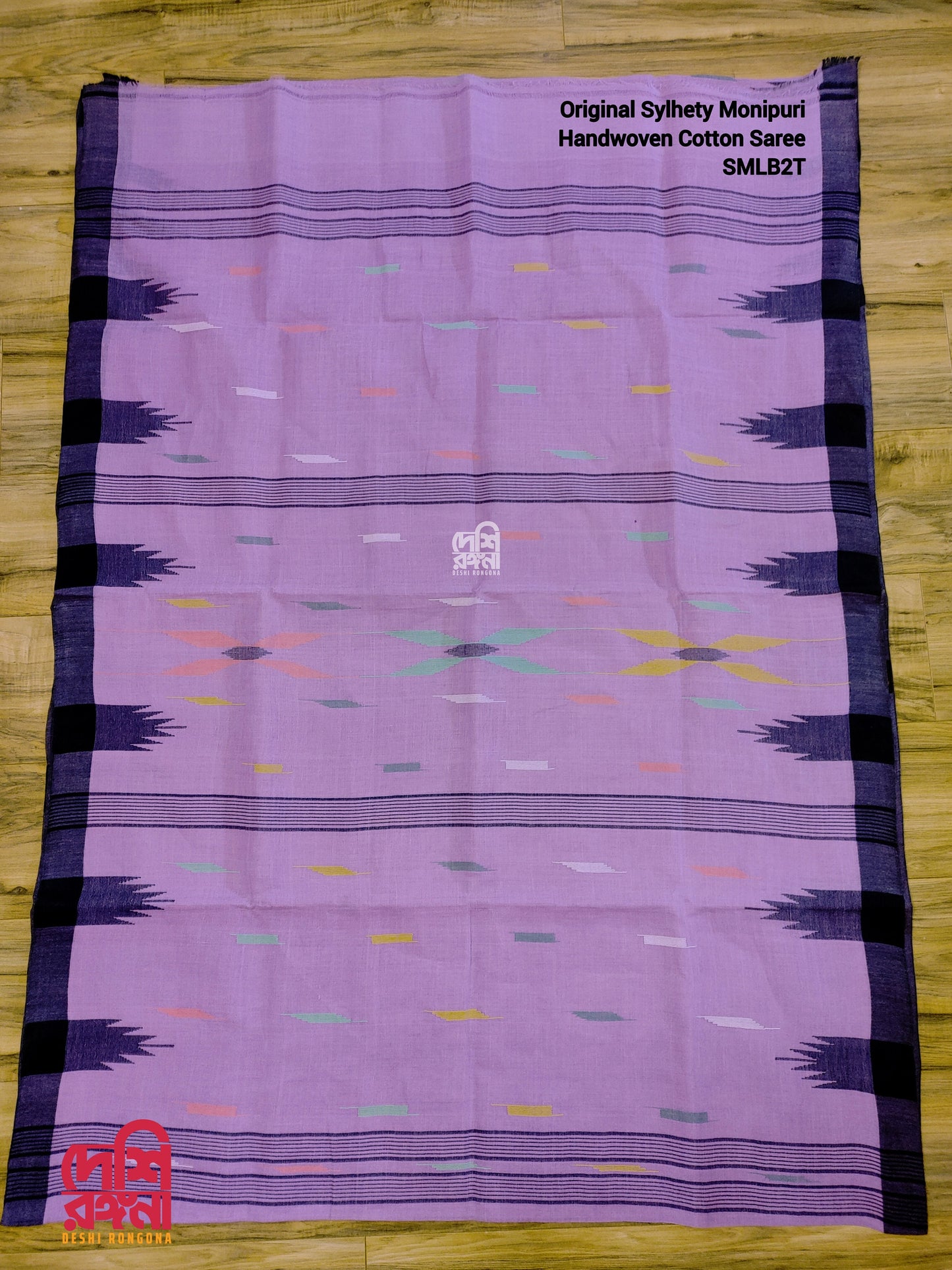 Sylheti Monipuri Handwoven Cotton Saree – Lavender & Black