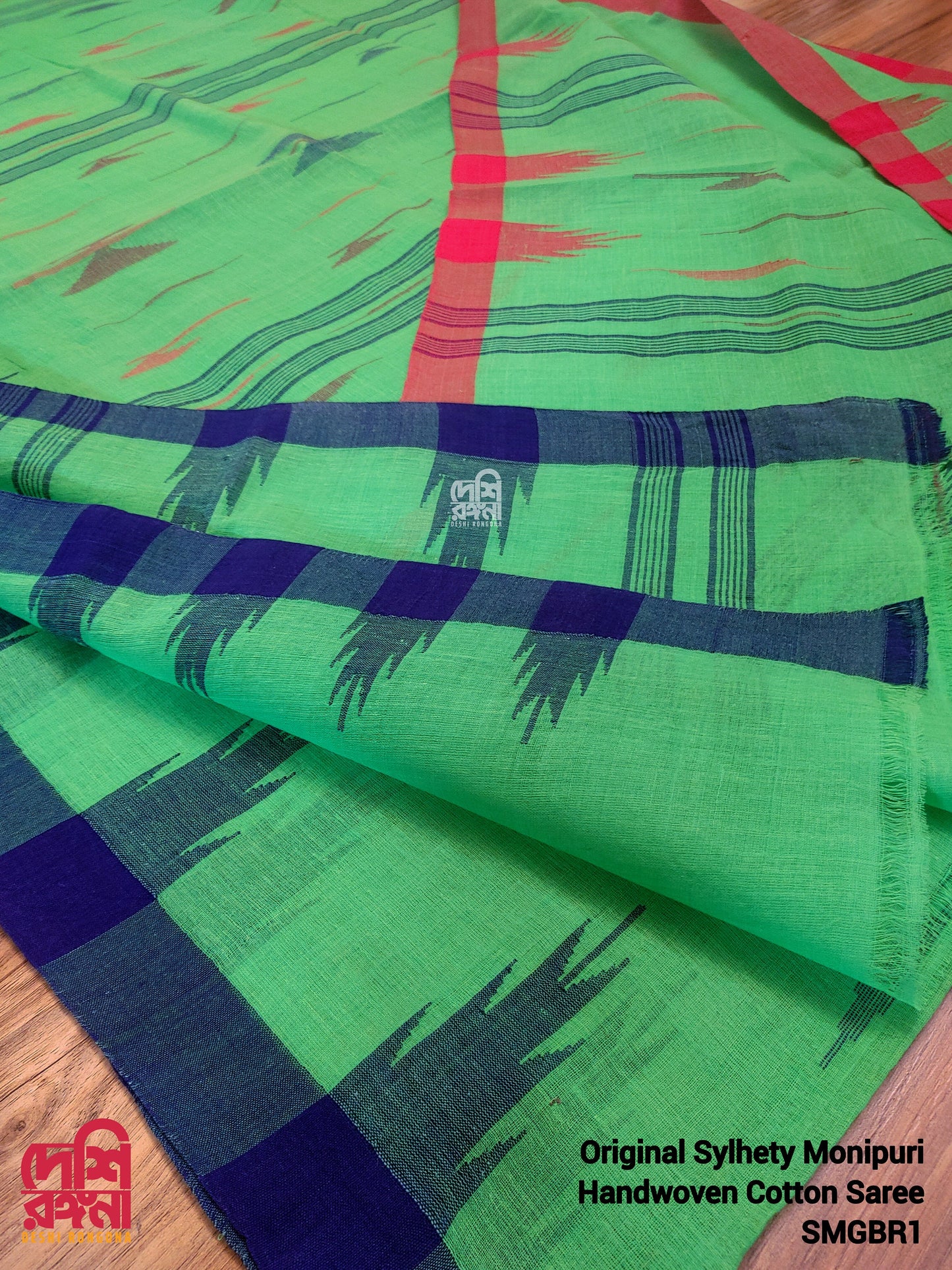 Sylheti Monipuri Handwoven Cotton Saree – Neon Green Beauty