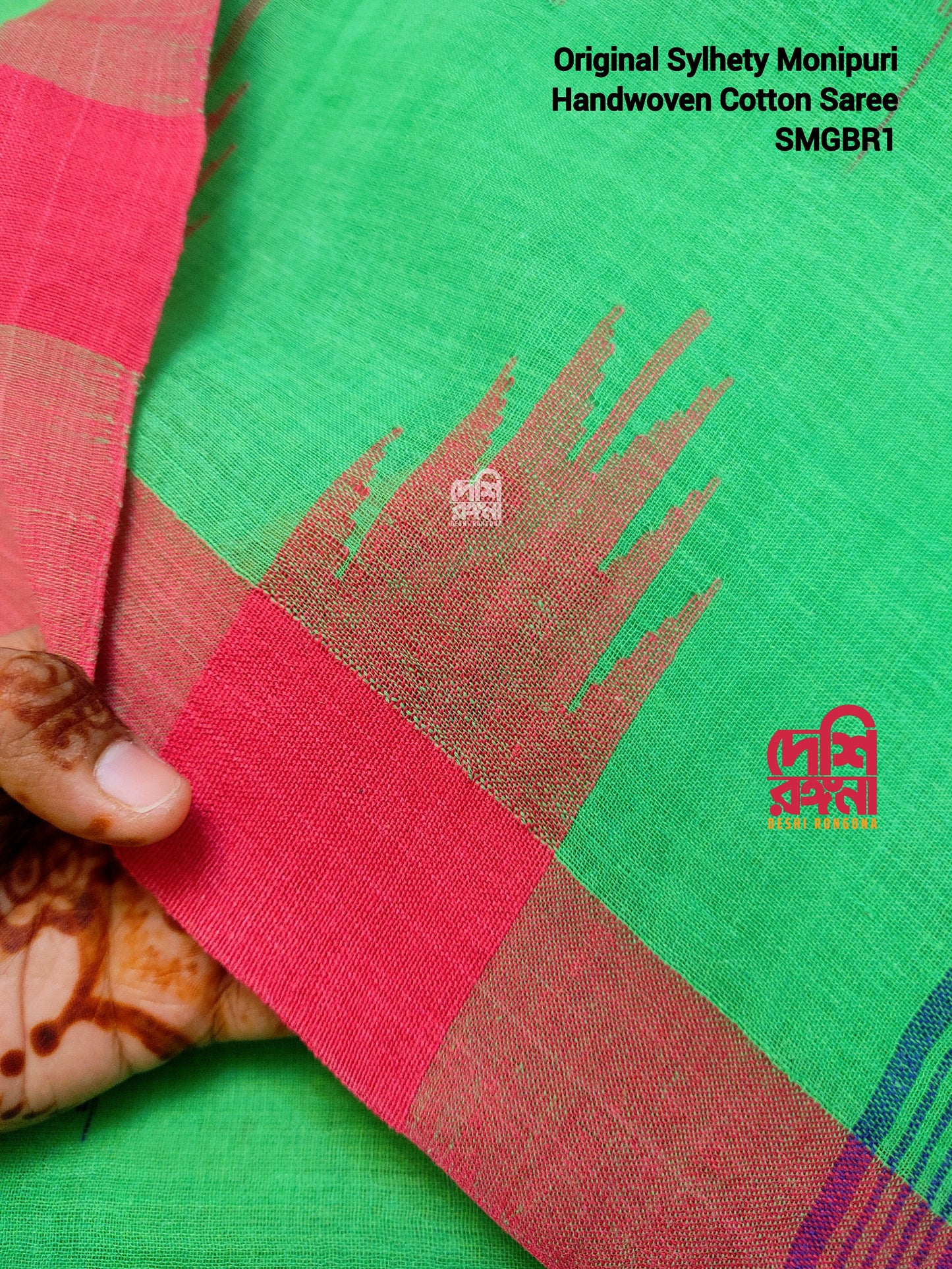 Sylheti Monipuri Handwoven Cotton Saree – Neon Green Beauty