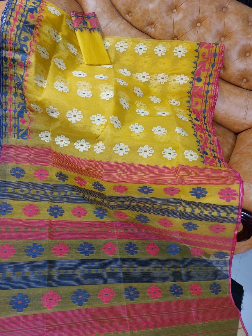 Original Dhakai Jamdani Saree, Yellow with Magenta, Blue, white work allover, Handwoven Halfsilk, Soft 84 count, Traditional Elegant, Classy