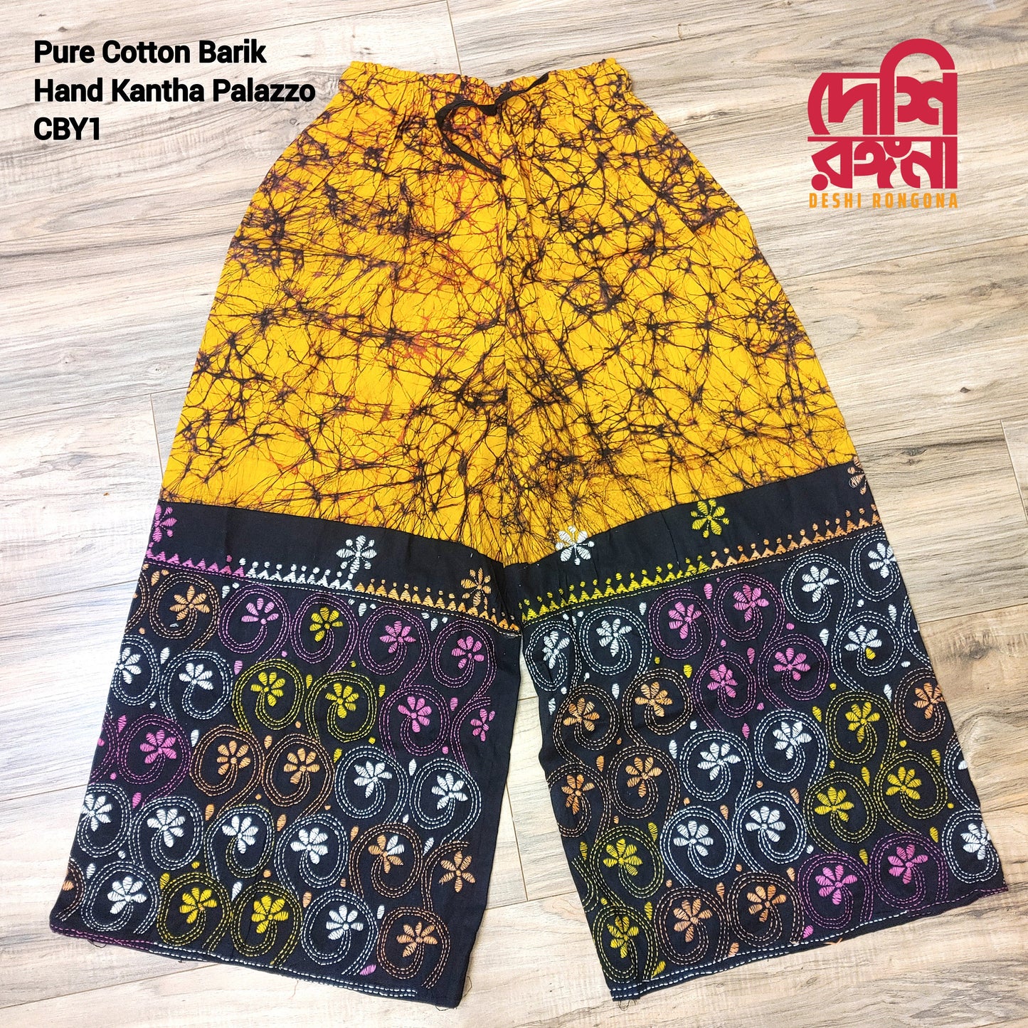Tie Die Palazzo, Cotton, Vegetable Tie Died Palazzo with Beautiful Hand Kantha Stitched Floral Thread Work, Comfortable Trendy Summer Wear