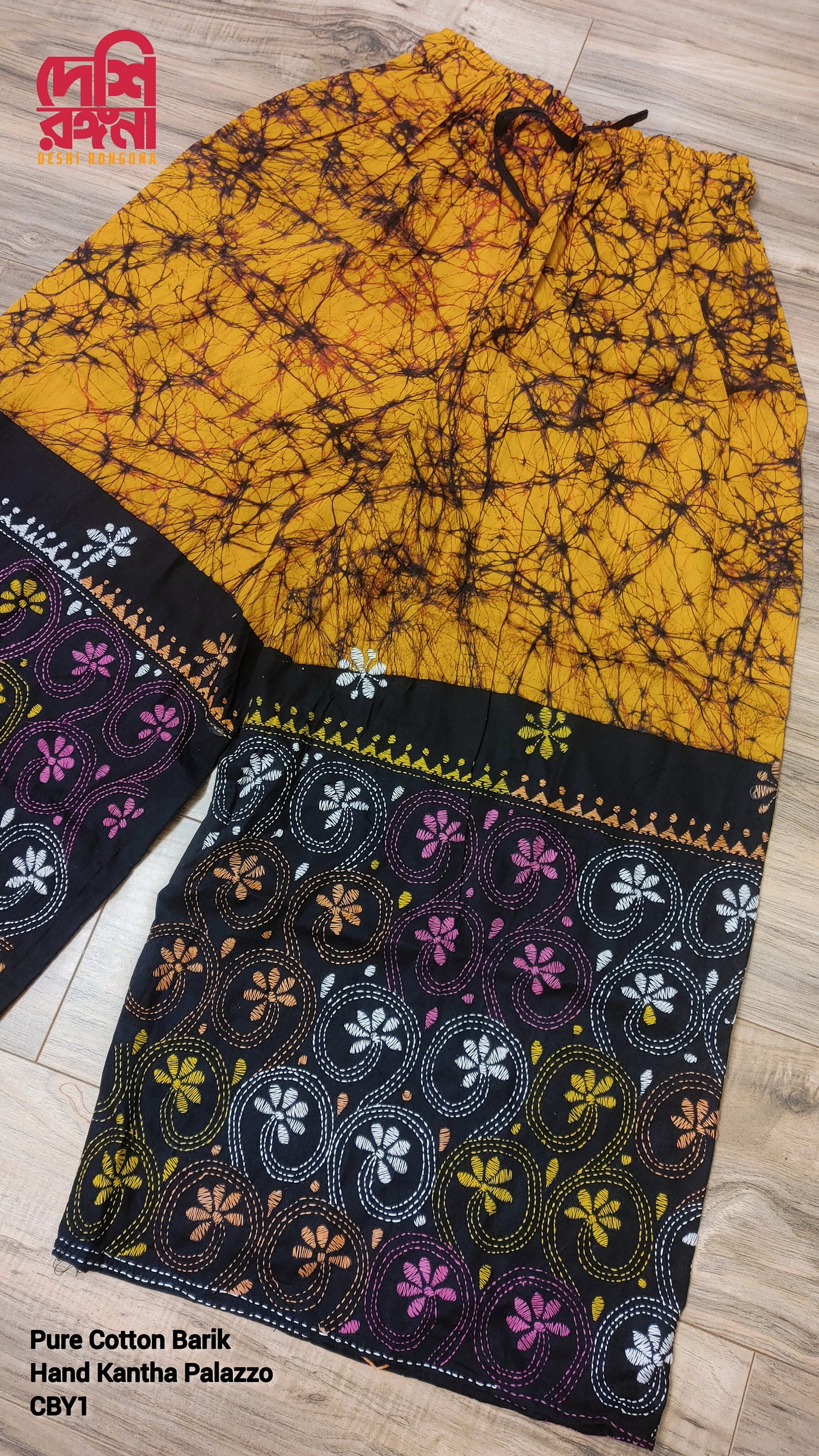 Tie Die Palazzo, Cotton, Vegetable Tie Died Palazzo with Beautiful Hand Kantha Stitched Floral Thread Work, Comfortable Trendy Summer Wear