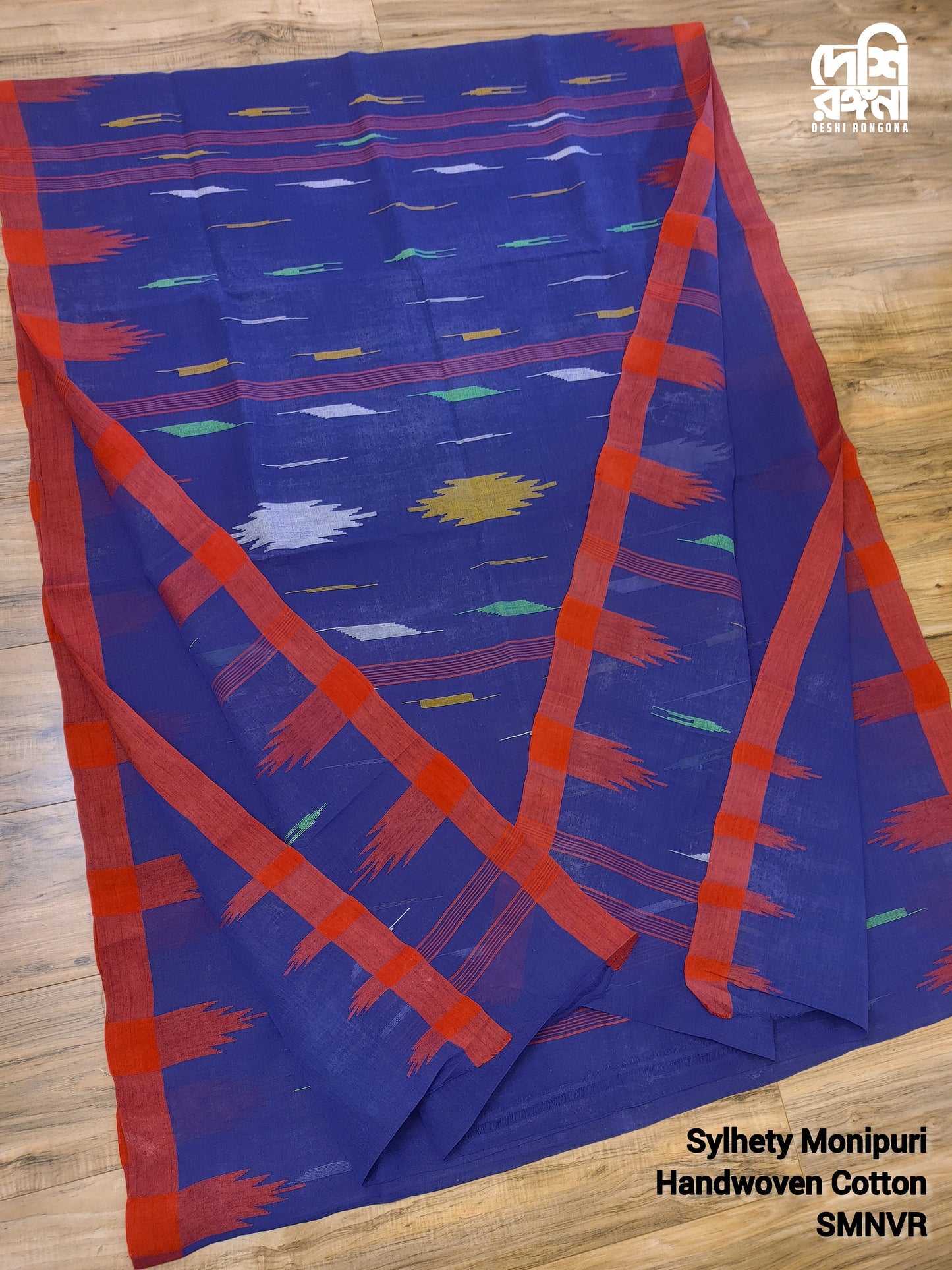 Sylheti Original Monipuri Handwoven Soft Cotton Saree, Navy Blue with Red Hand Woven Border, Bangladeshi, Traditional Saree, Running Blouse