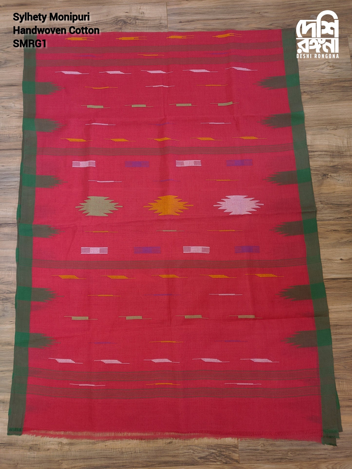 Sylheti Monipuri Handwoven Soft Cotton Saree – Pinkish Red & Green