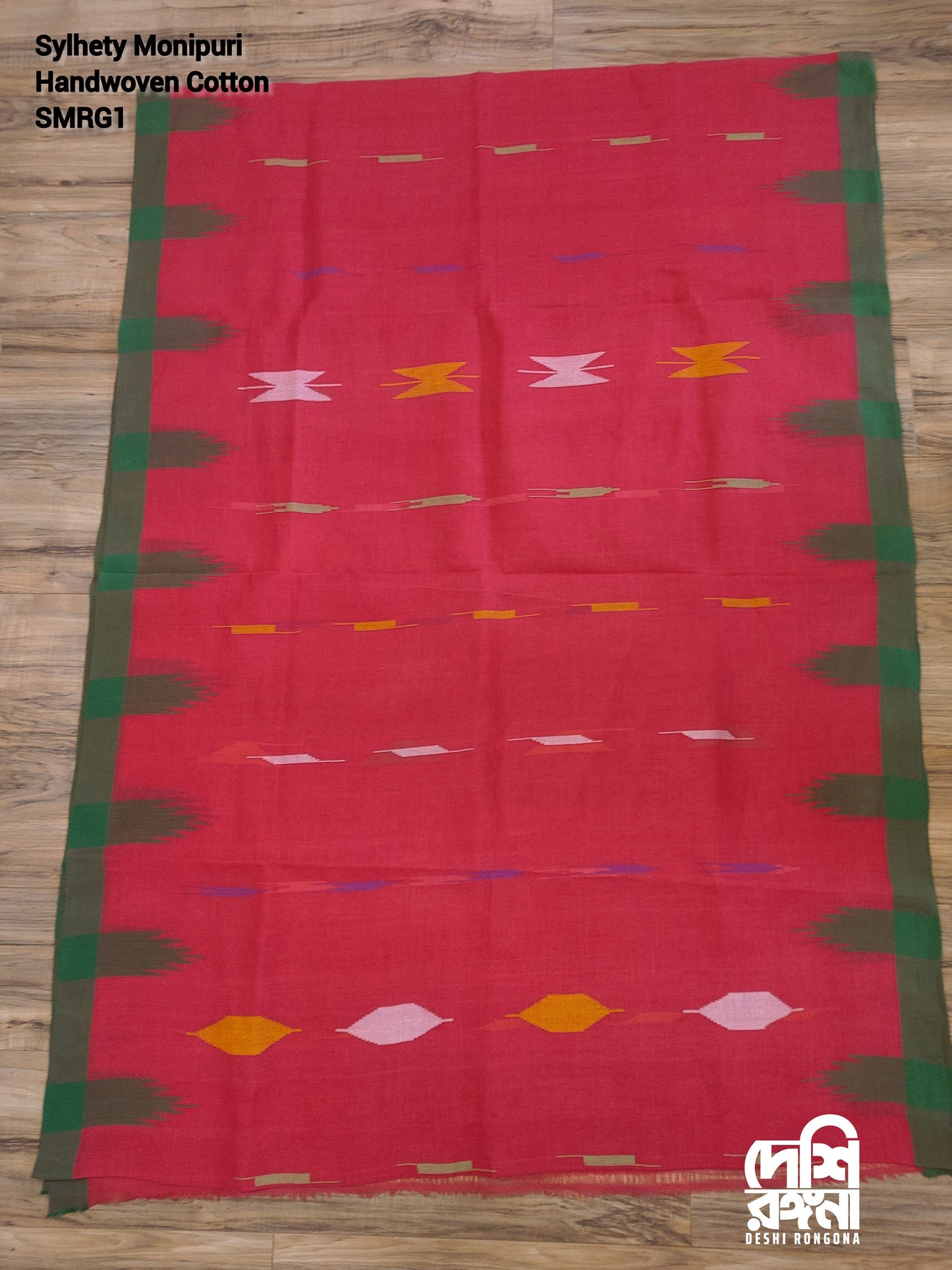 Sylheti Monipuri Handwoven Soft Cotton Saree – Pinkish Red & Green