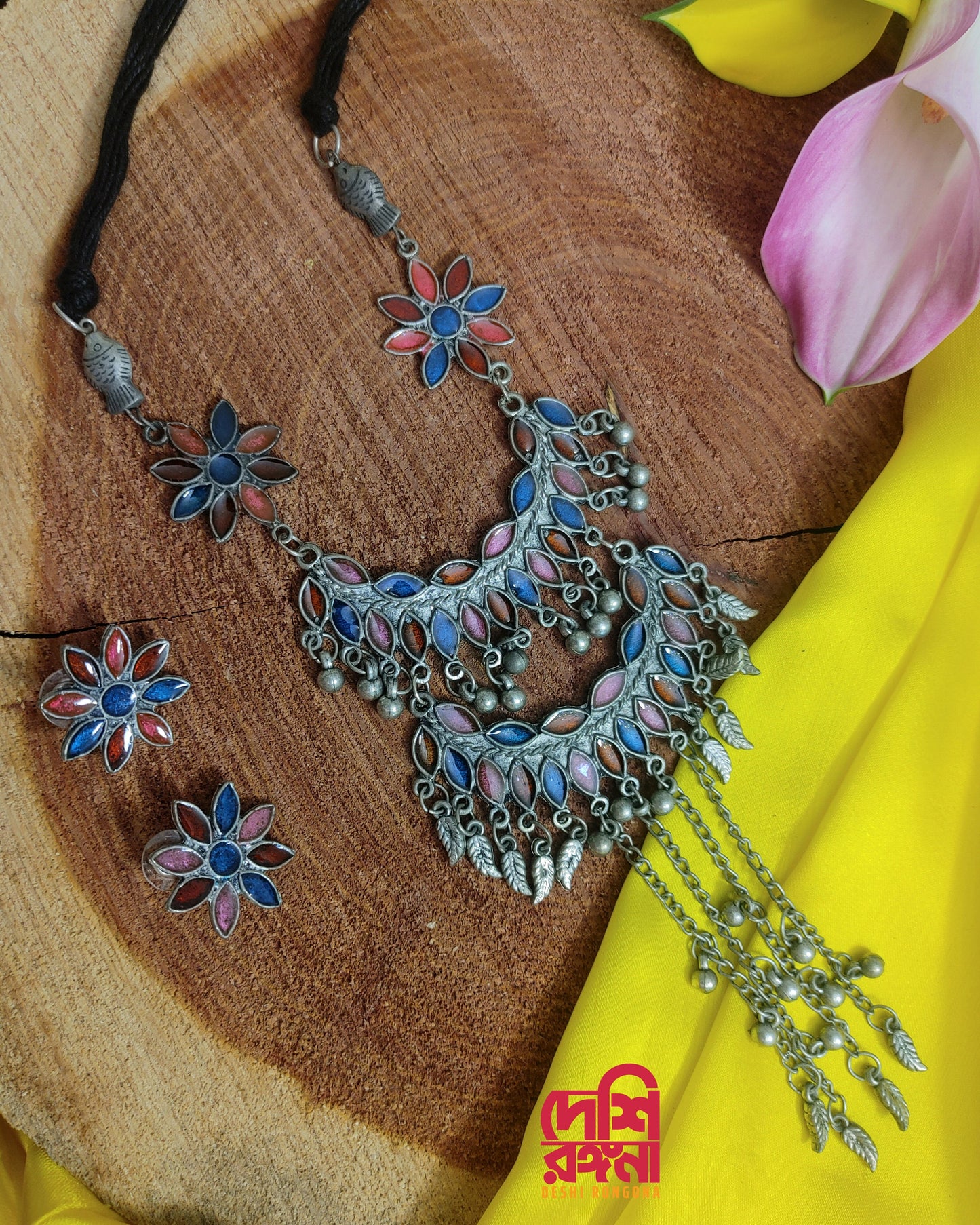Afgan Oxidized Necklace Set, Glass Coat Color, Multi Layered, Multi Colored, Germen Silver Plated, Gorgeous, Trendy Ethnic Jewelry Set