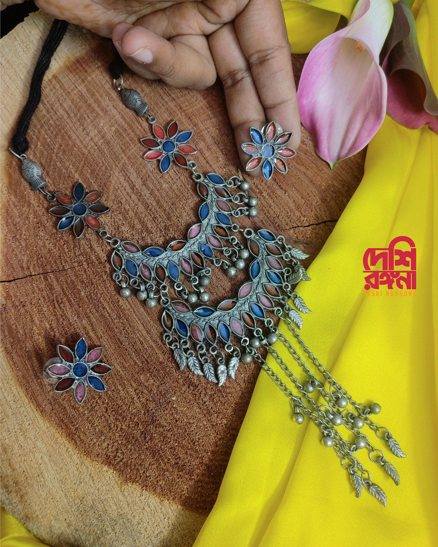 Afgan Oxidized Necklace Set, Glass Coat Color, Multi Layered, Multi Colored, Germen Silver Plated, Gorgeous, Trendy Ethnic Jewelry Set