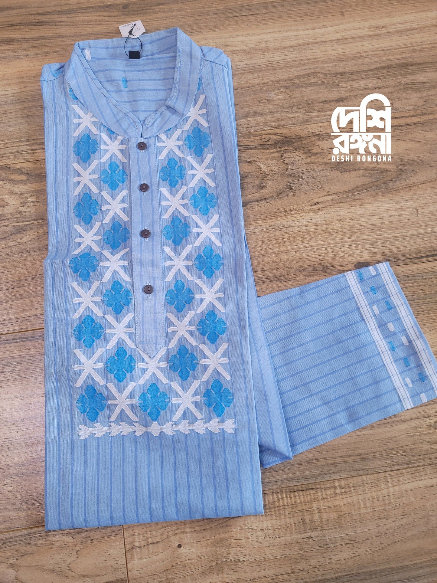 Pure Cotton Dhakai Jamdani Light Blue Stripe Punjabi, Handloom, Comfortable, Elegant, Made in Dhaka, Bangladesh. Slim Fitting