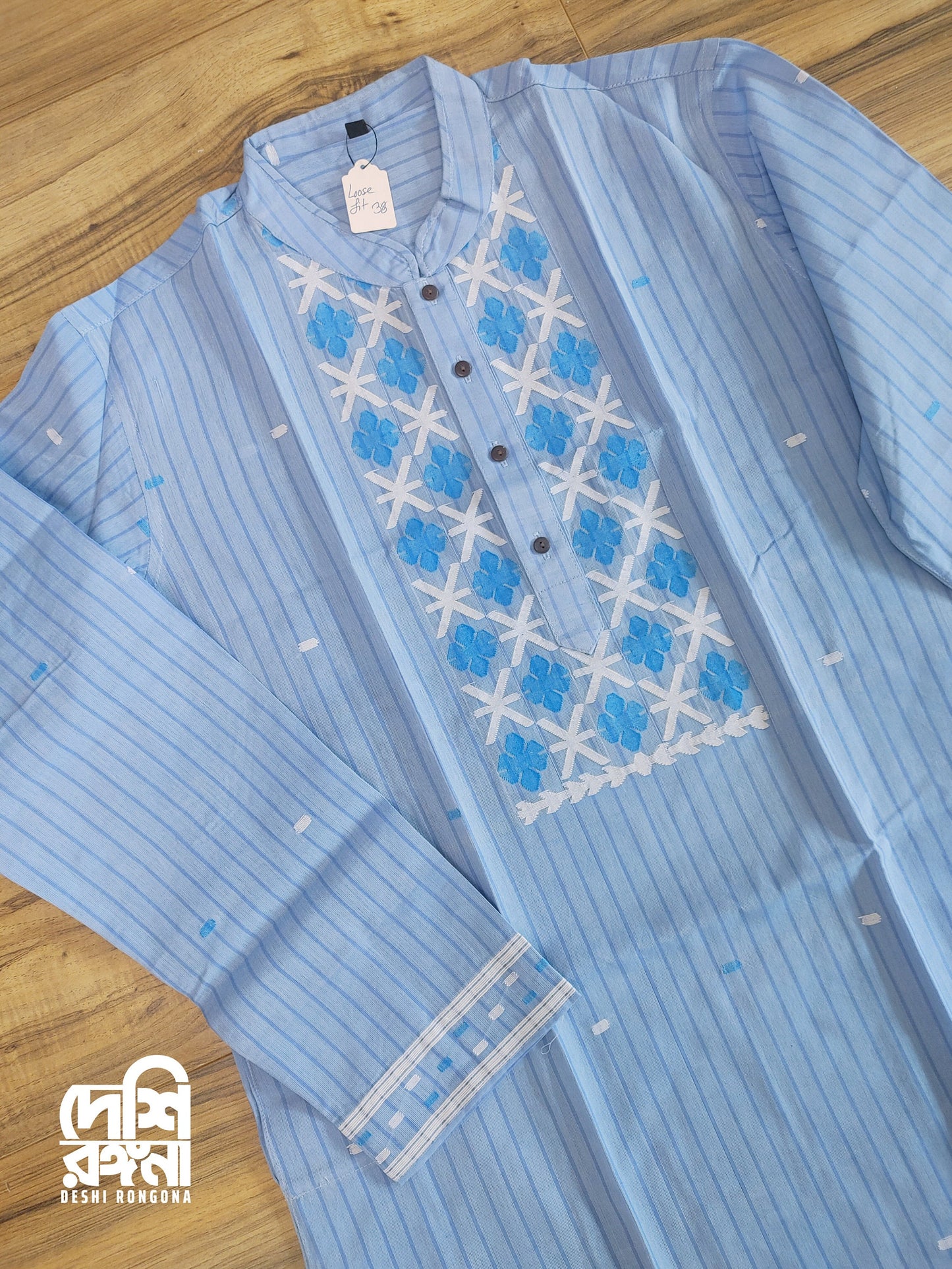 Pure Cotton Dhakai Jamdani Light Blue Stripe Punjabi, Handloom, Comfortable, Elegant, Made in Dhaka, Bangladesh. Slim Fitting
