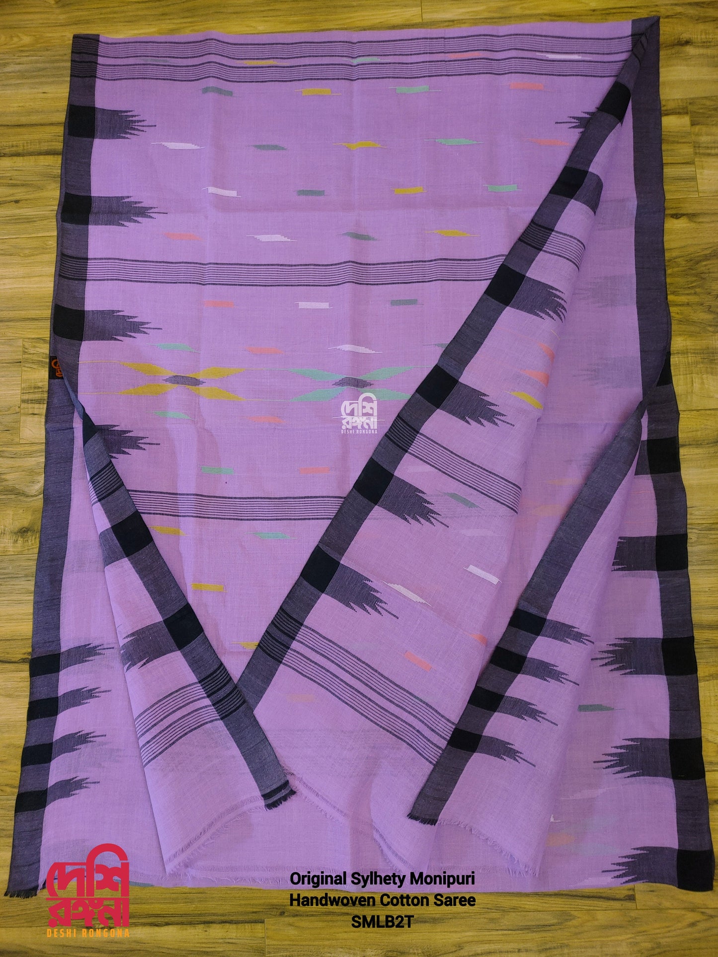 Sylheti Monipuri Handwoven Cotton Saree – Lavender & Black
