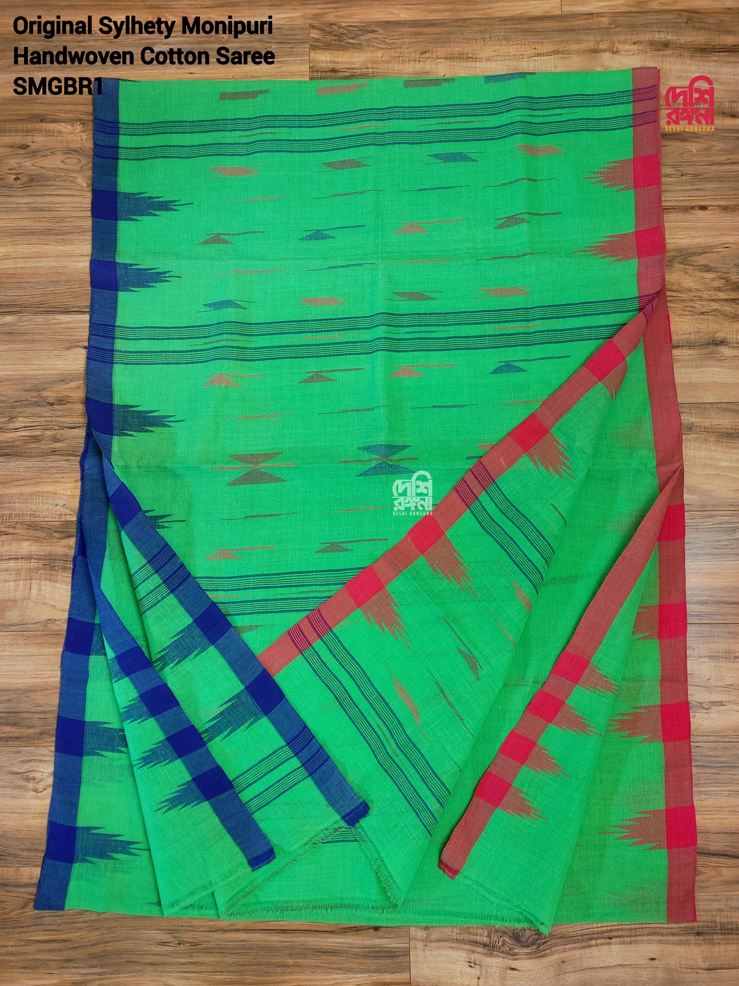 Sylheti Monipuri Handwoven Cotton Saree – Neon Green Beauty